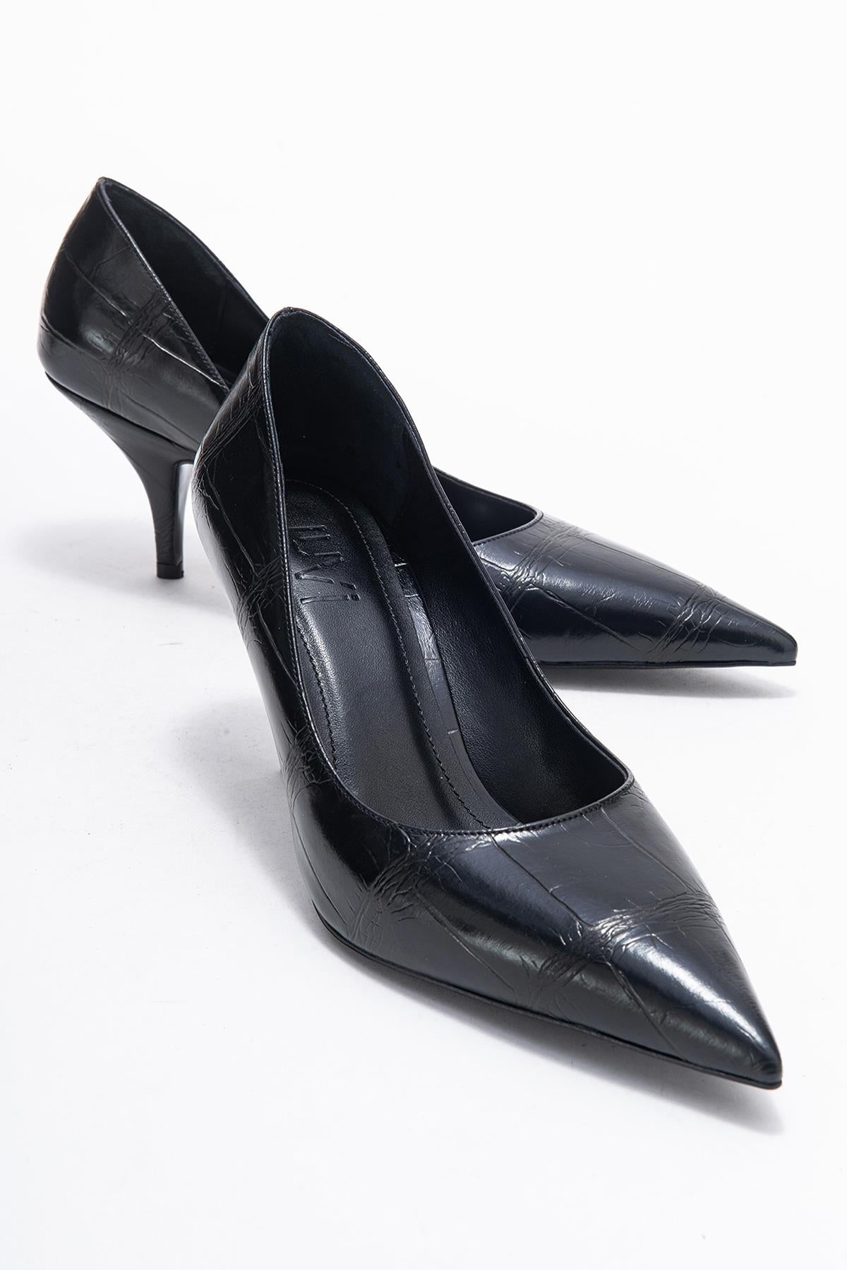 Marcus - Black Printed Pointed Toe Stiletto Pump – front three-quarter view showing leather, black, red, Vowalisse