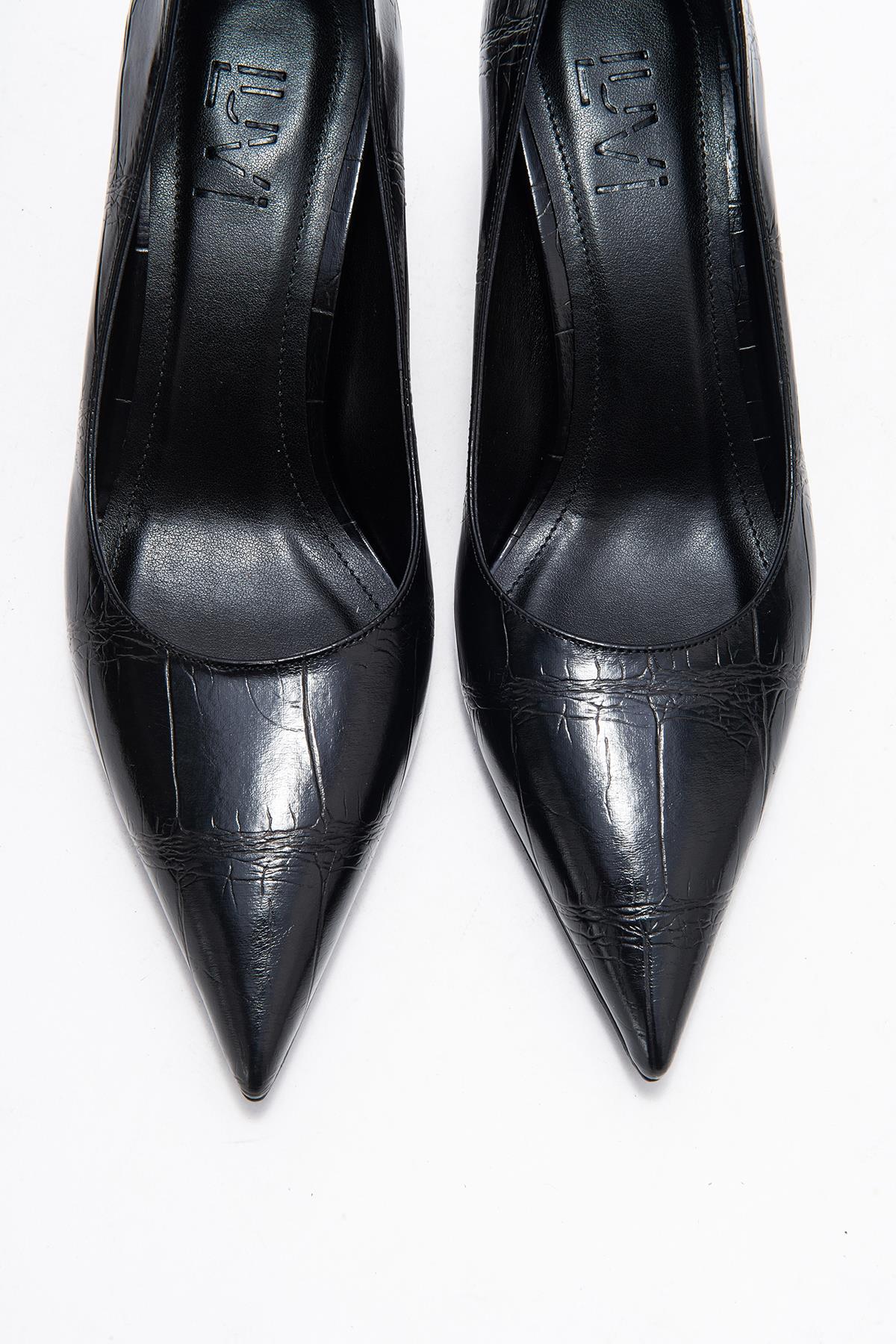 Marcus - Black Printed Pointed Toe Stiletto Pump – side view showing leather, black, red, Vowalisse