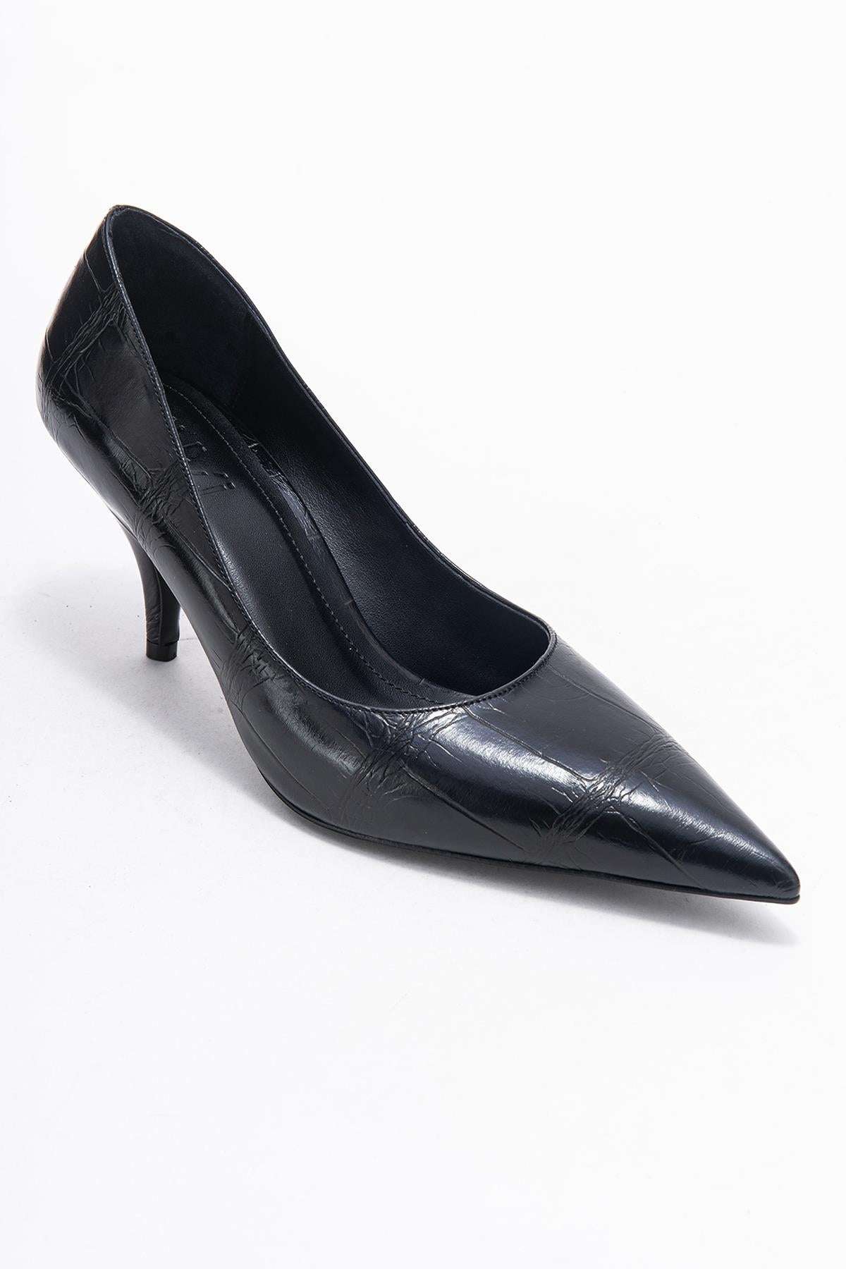 Marcus - Black Printed Pointed Toe Stiletto Pump – detail view showing leather, black, red, Vowalisse