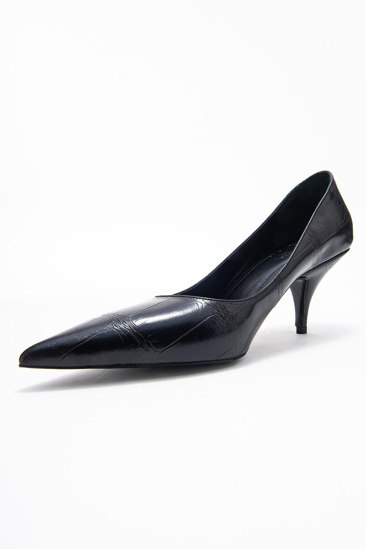 Marcus - Black Printed Pointed Toe Stiletto Pump – heel view showing leather, black, red, Vowalisse