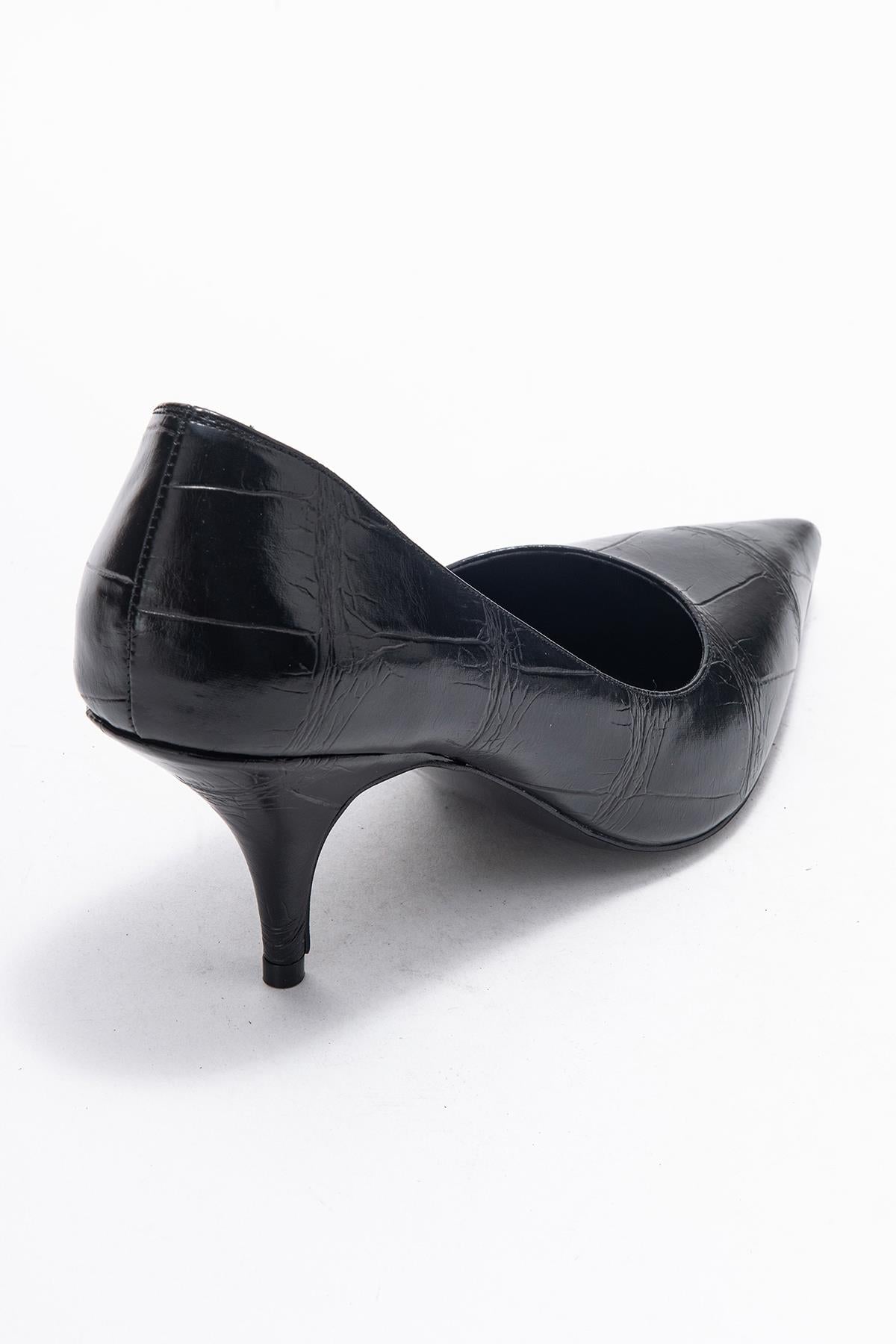 Marcus - Black Printed Pointed Toe Stiletto Pump – back view showing leather, black, red, Vowalisse