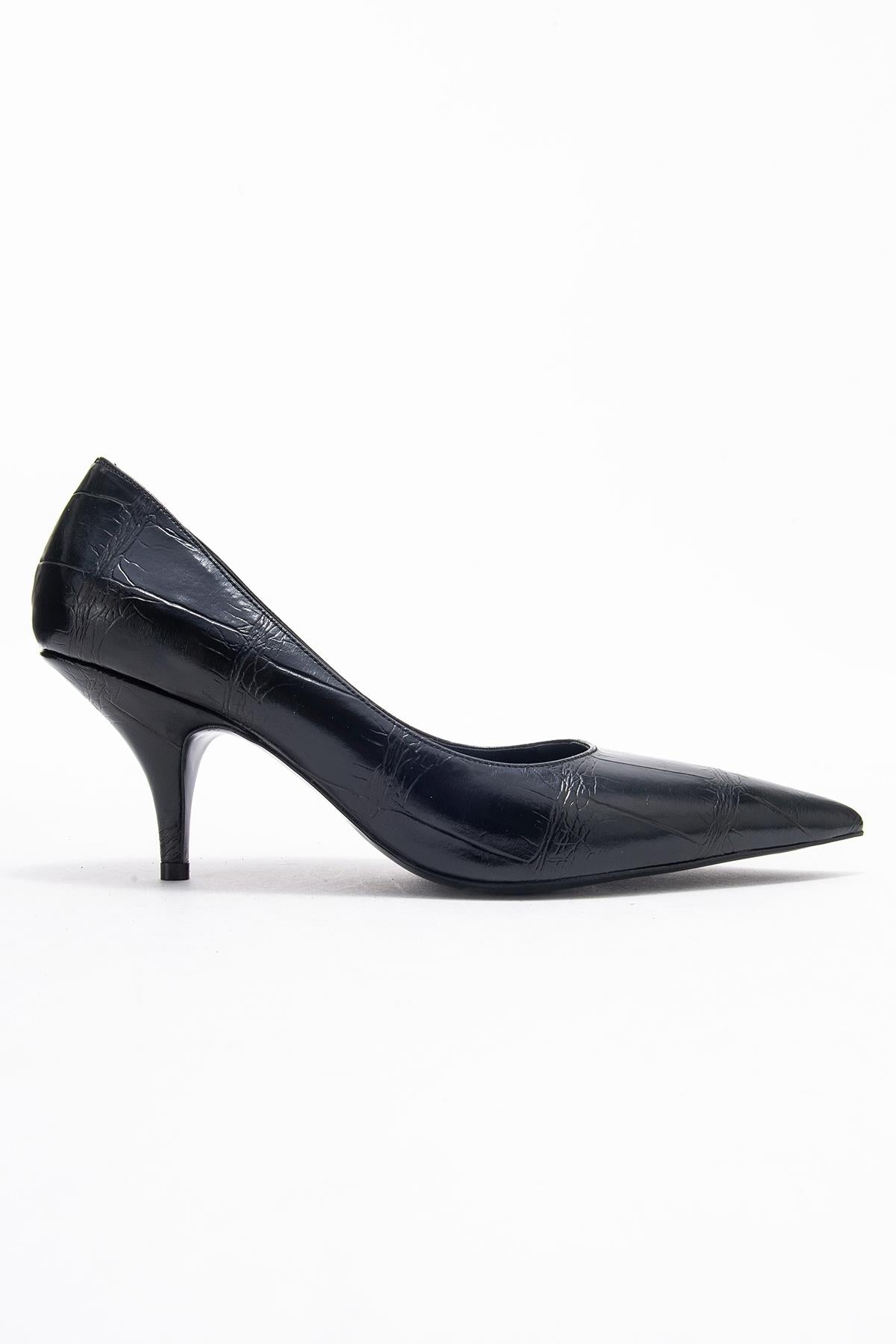 Marcus - Black Printed Pointed Toe Stiletto Pump – top view showing leather, black, red, Vowalisse