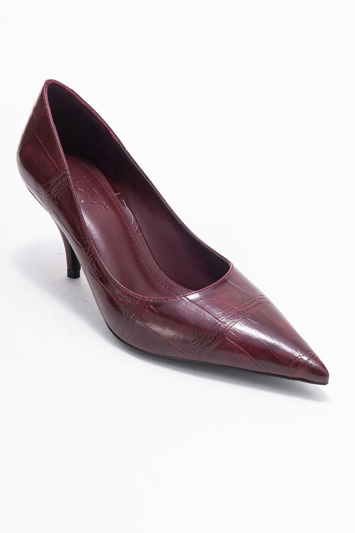 Marcus - Burgundy Printed Pointed Toe Pump – detail view showing leather, Vowalisse