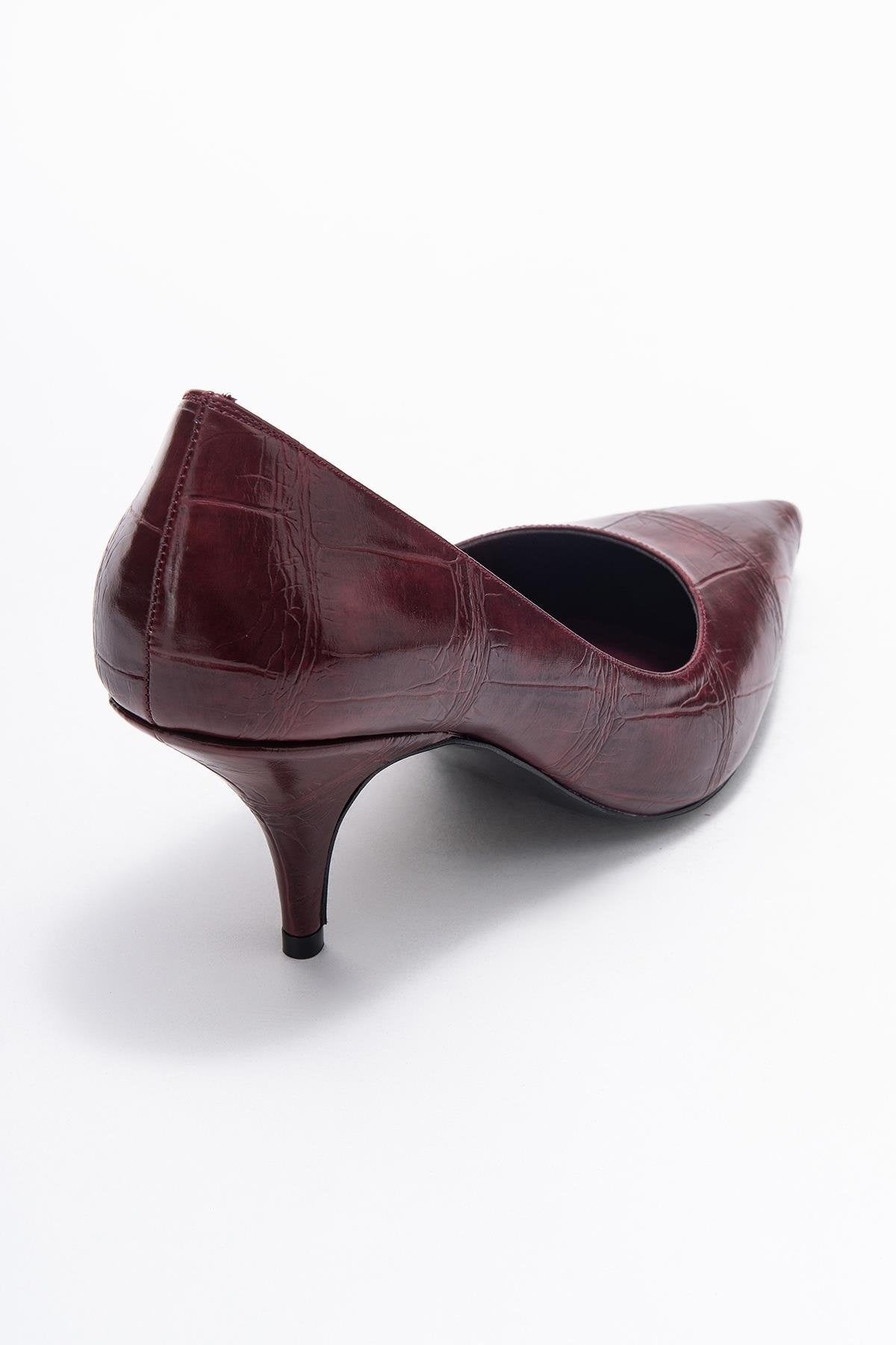 Marcus - Burgundy Printed Pointed Toe Pump – back view showing leather, Vowalisse