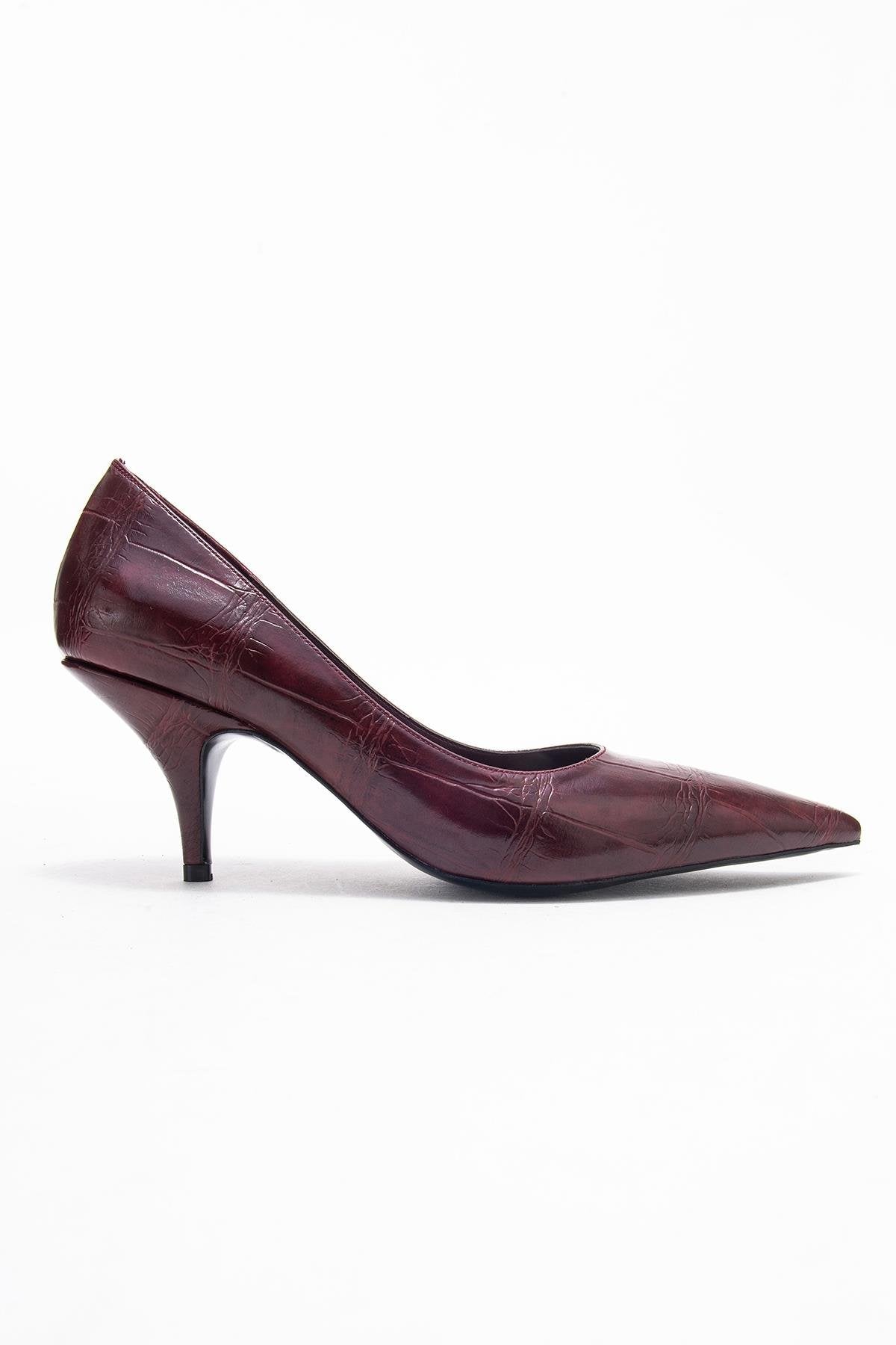Marcus - Burgundy Printed Pointed Toe Pump – top view showing leather, Vowalisse