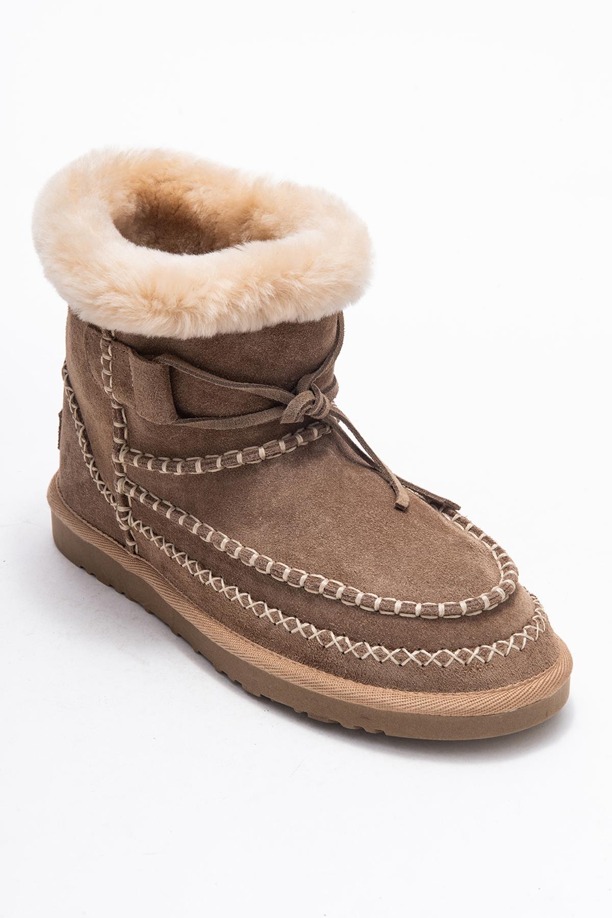 Jorel - Sand Genuine Leather Fur-Lined Ankle Boot – detail view showing leather, suede, Vowalisse