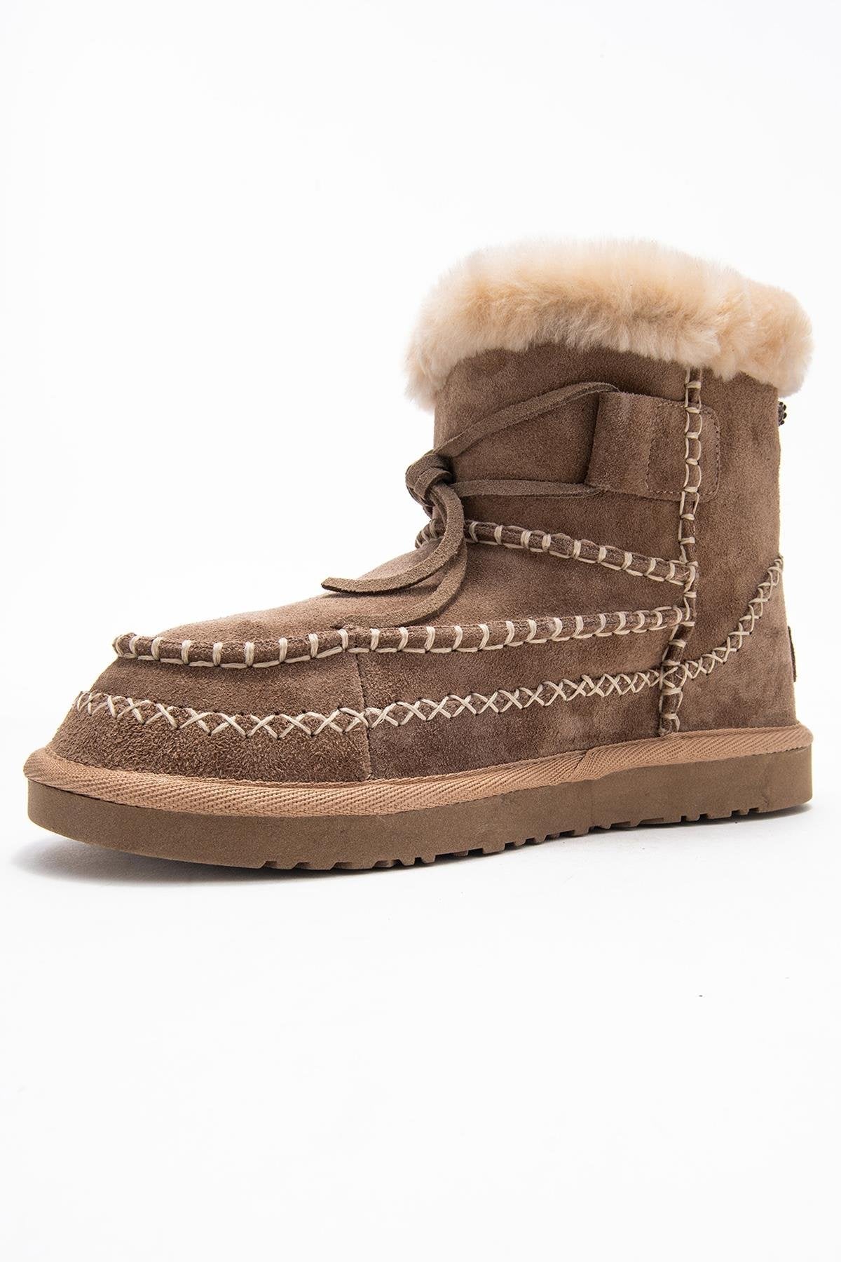 Jorel - Sand Genuine Leather Fur-Lined Ankle Boot – heel view showing leather, suede, Vowalisse