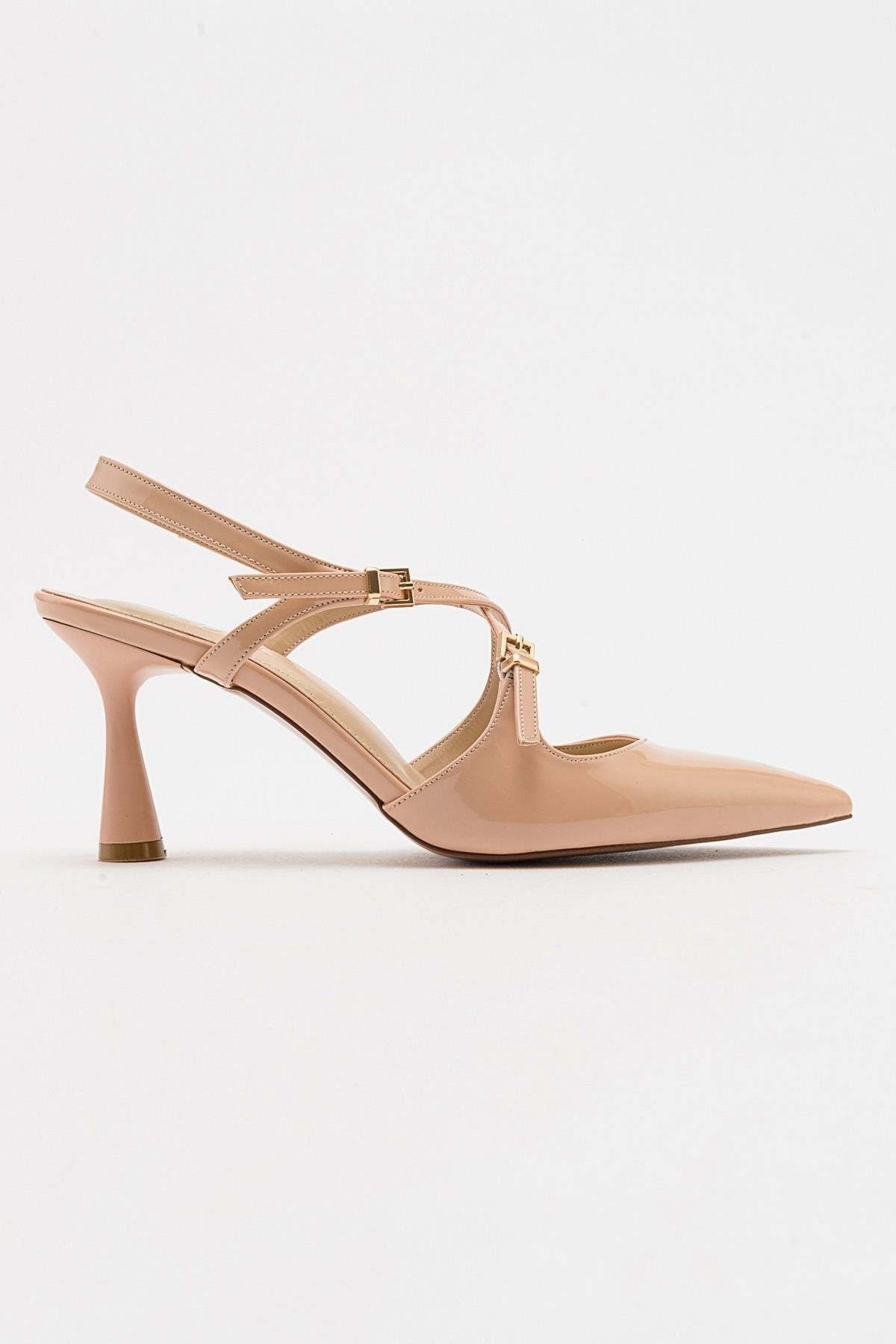 Coje - Beige Patent Pointed Toe Stiletto Pump – top view showing leather, Vowalisse