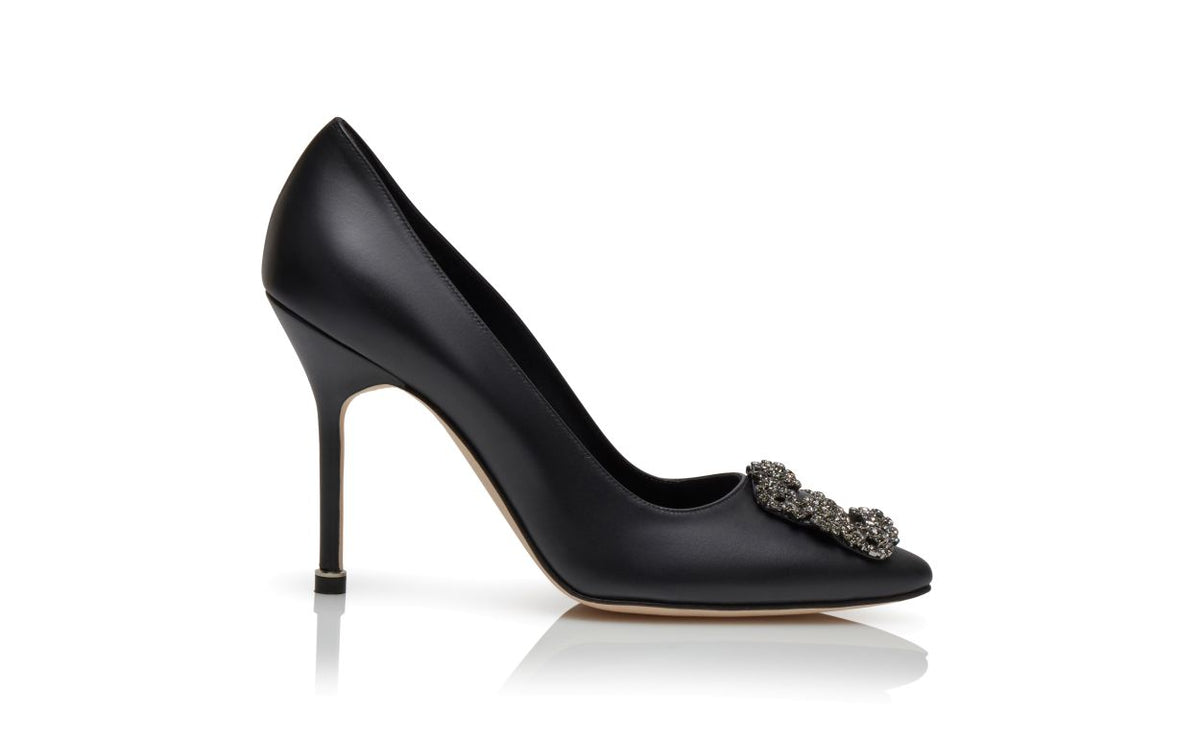 Camellia Crown Black Jewel Buckle Pumps – side profile showing black jewel buckle, crystal buckle, almond toe, Vowalisse