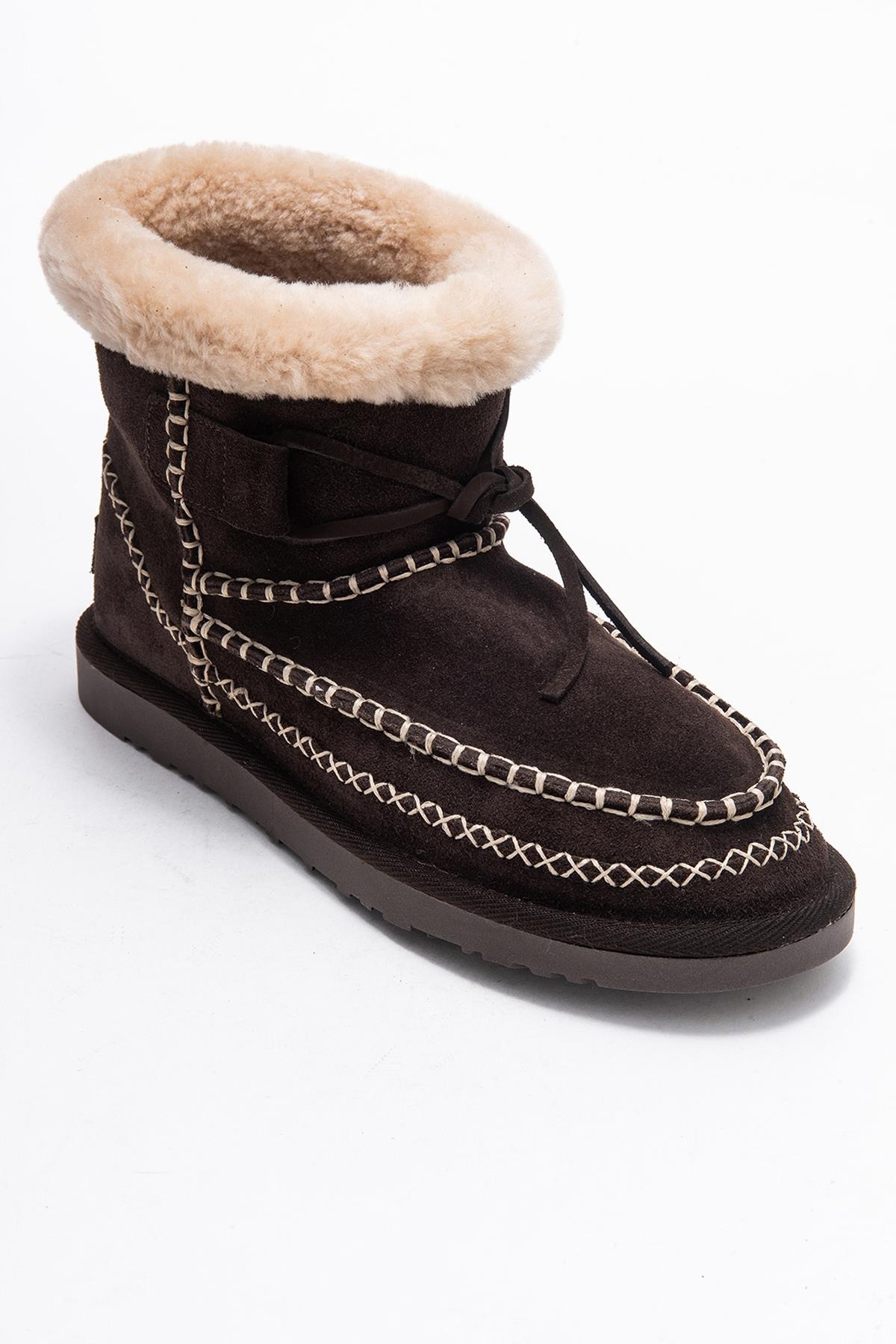 Jorel - Brown Genuine Leather Fur-Lined Ankle Boot – detail view showing leather, suede, Vowalisse