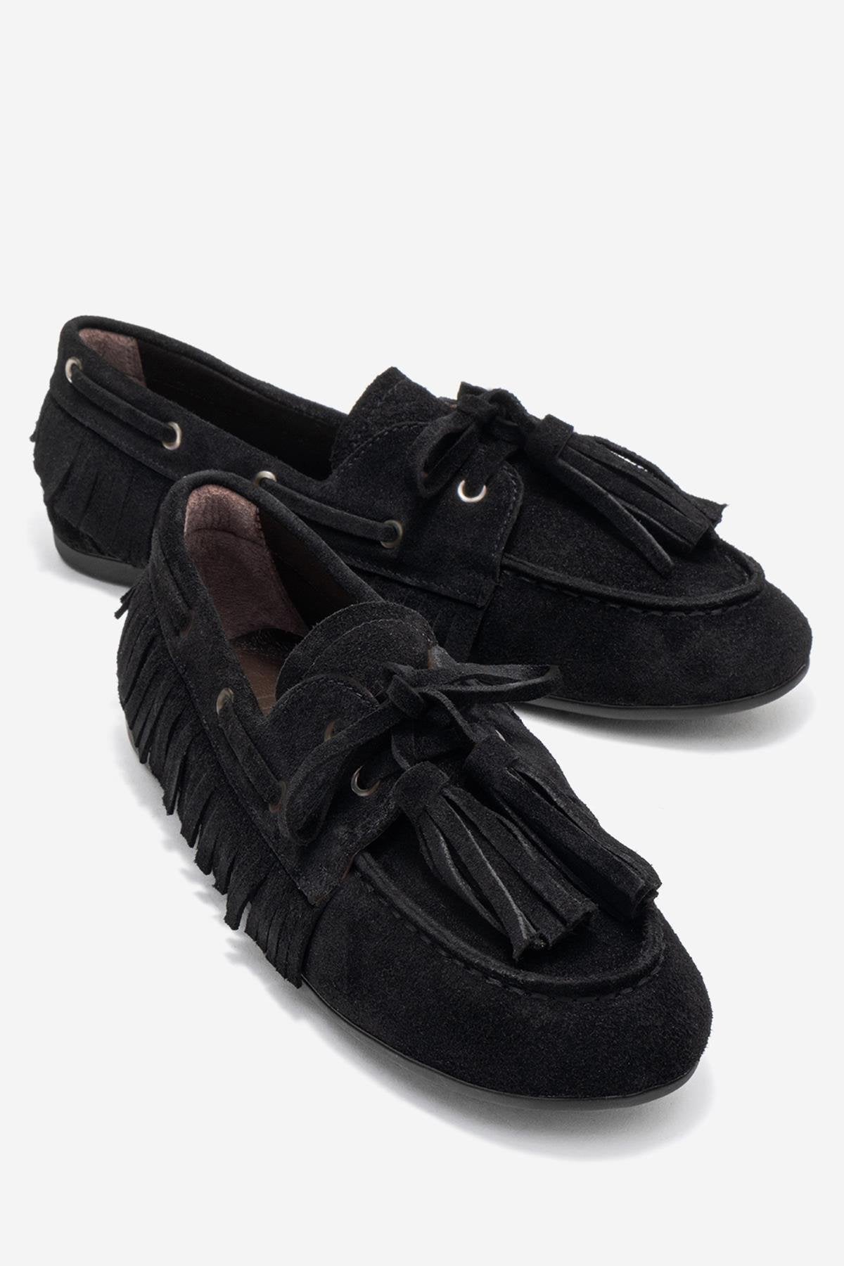 Fenora - Black Genuine Leather Fringed Tassel Loafer – front three-quarter view showing leather, black, Vowalisse
