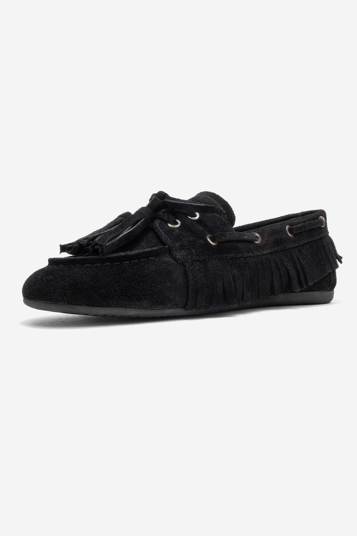 Fenora - Black Genuine Leather Fringed Tassel Loafer – heel view showing leather, black, Vowalisse