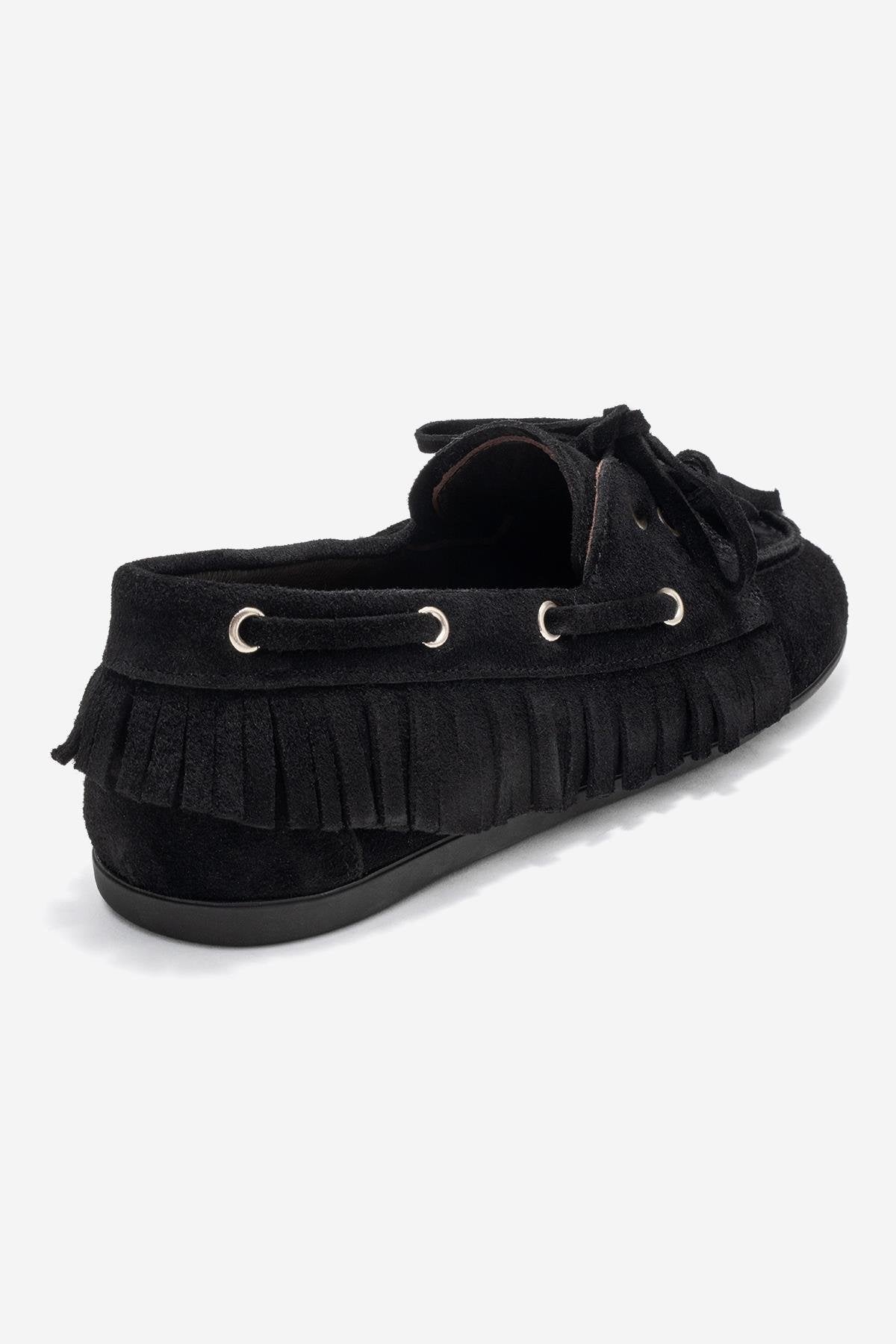 Fenora - Black Genuine Leather Fringed Tassel Loafer – back view showing leather, black, Vowalisse
