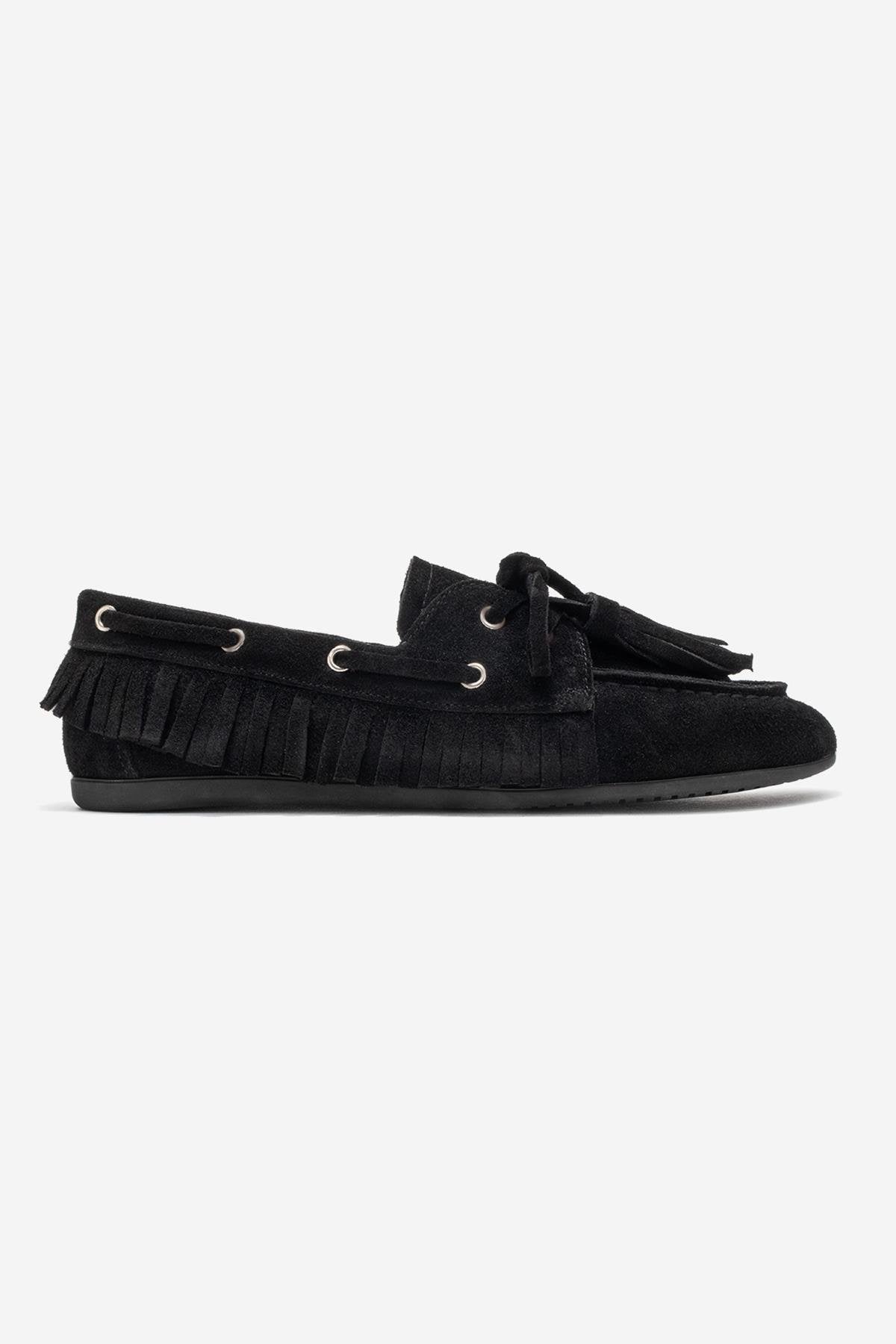 Fenora - Black Genuine Leather Fringed Tassel Loafer – top view showing leather, black, Vowalisse