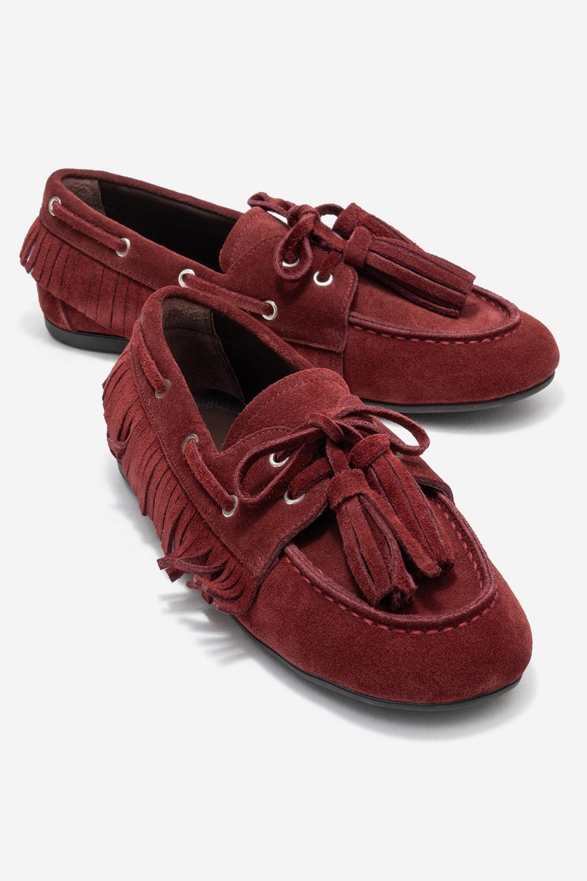 Fenora - Burgundy Genuine Leather Fringed Tassel Loafer – front three-quarter view showing leather, Vowalisse