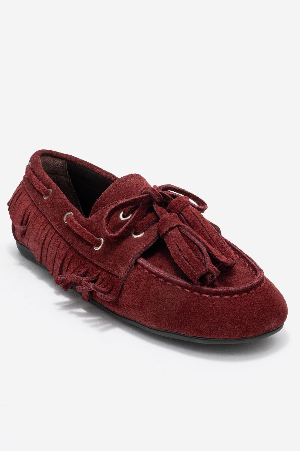 Fenora - Burgundy Genuine Leather Fringed Tassel Loafer – detail view showing leather, Vowalisse