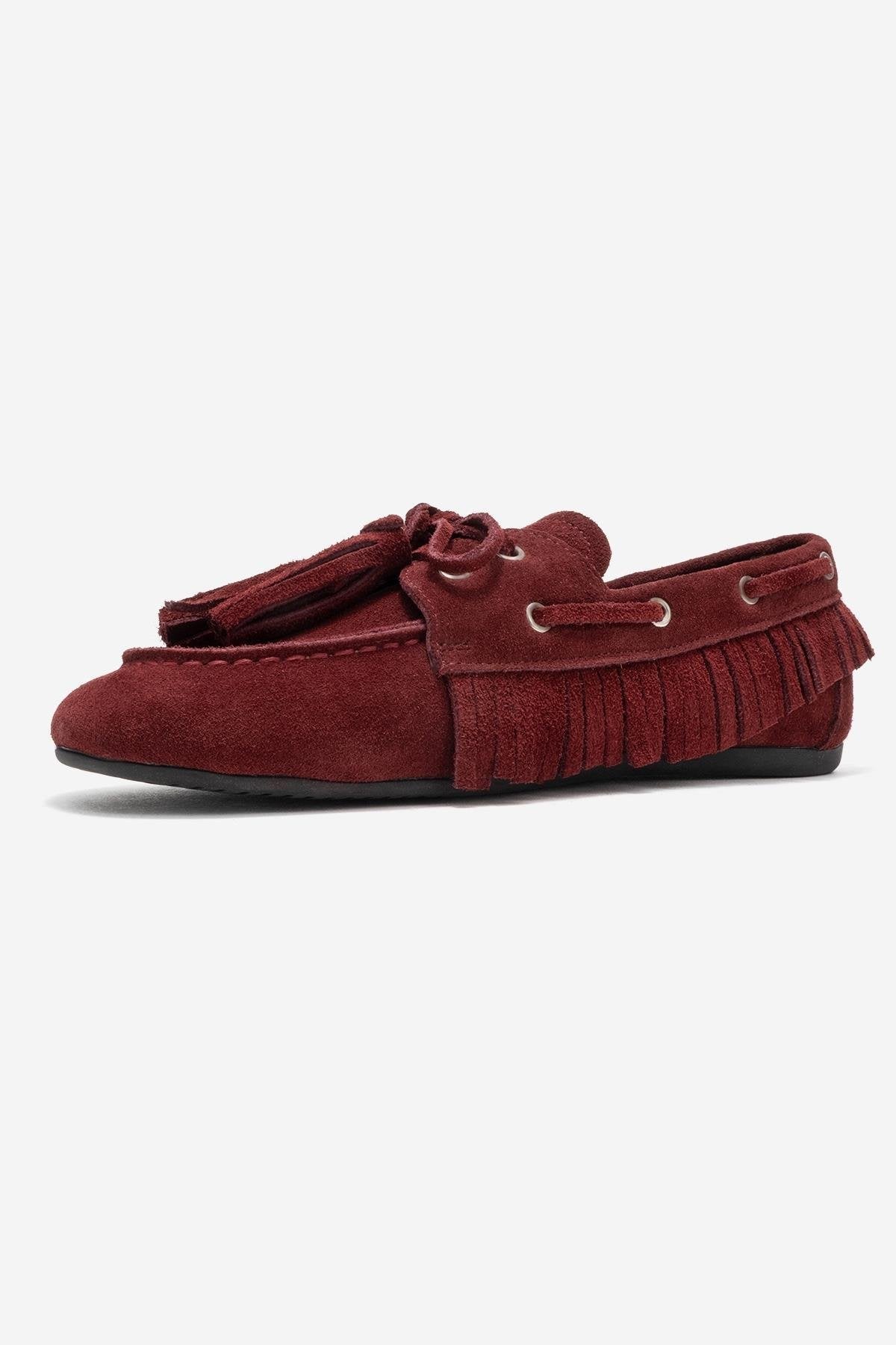 Fenora - Burgundy Genuine Leather Fringed Tassel Loafer – heel view showing leather, Vowalisse