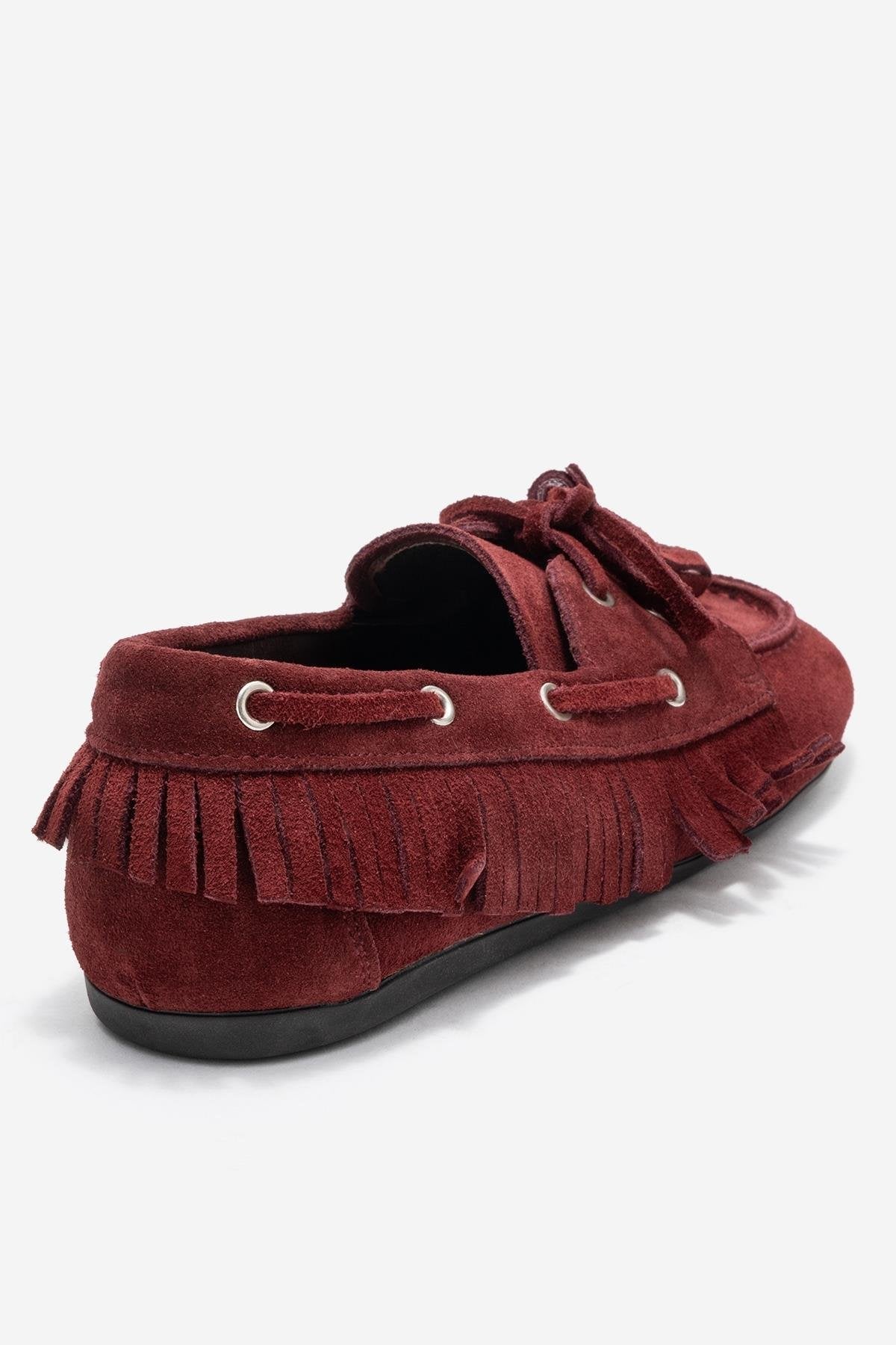 Fenora - Burgundy Genuine Leather Fringed Tassel Loafer – back view showing leather, Vowalisse