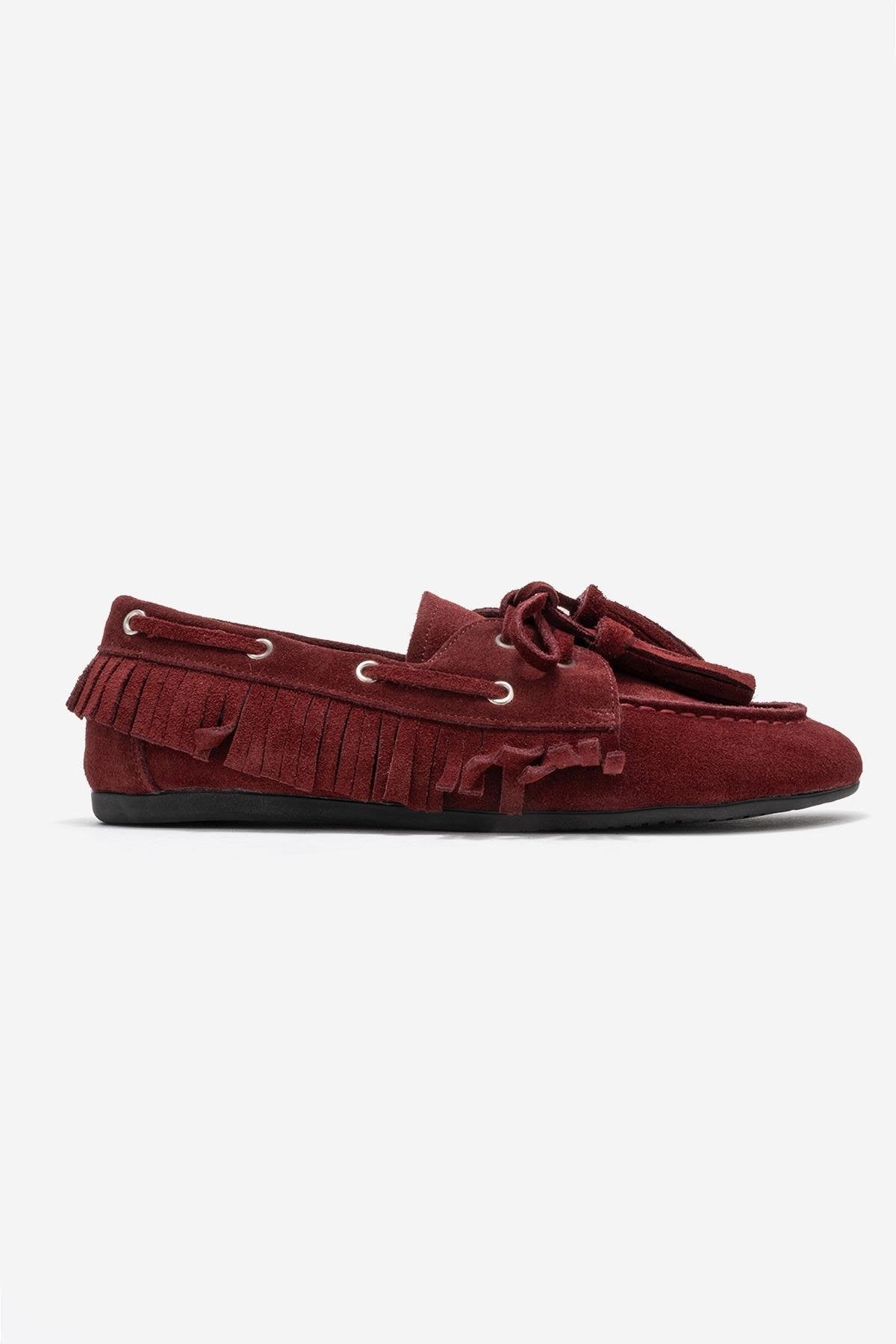 Fenora - Burgundy Genuine Leather Fringed Tassel Loafer – top view showing leather, Vowalisse