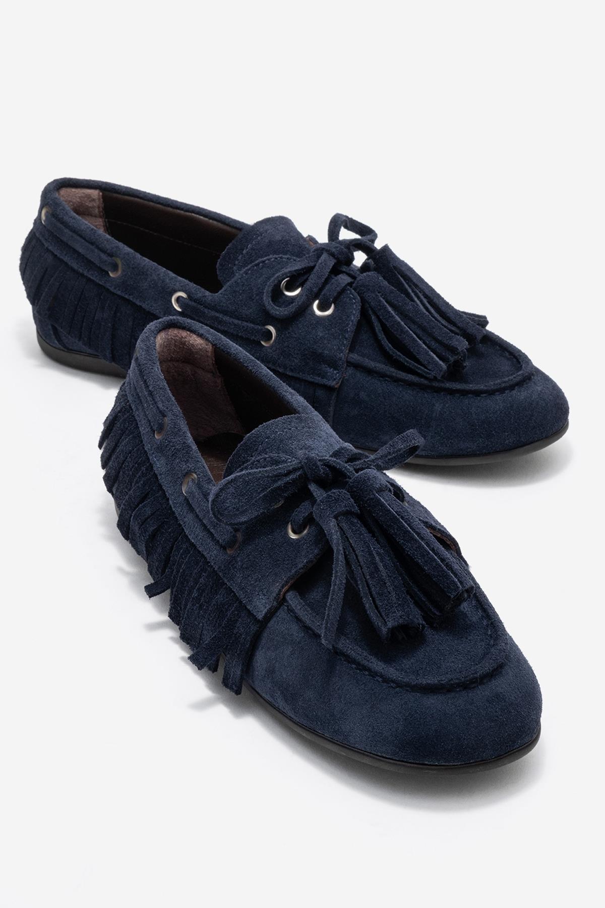 Fenora - Navy Genuine Leather Fringed Tassel Loafer – front three-quarter view showing leather, Vowalisse