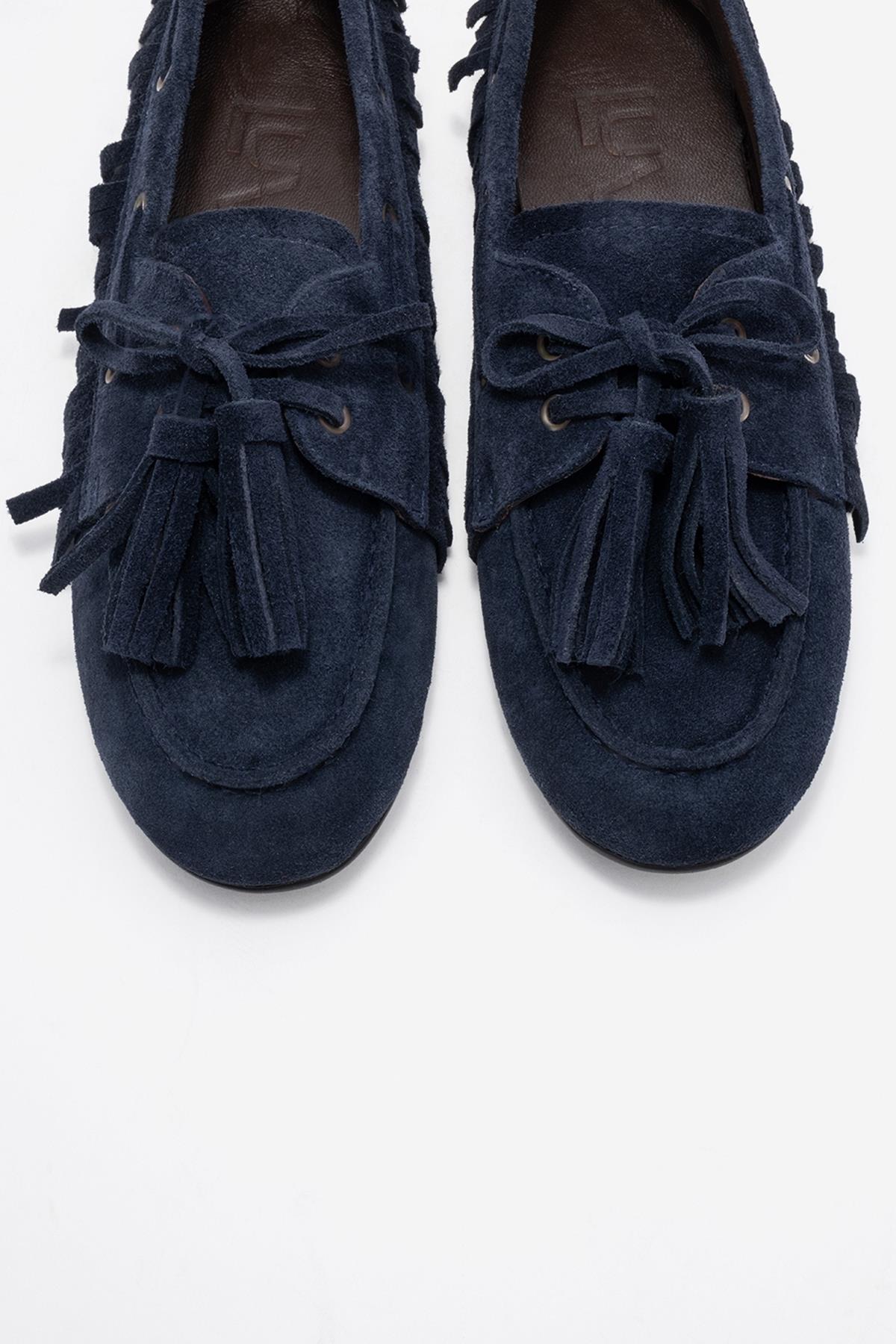 Fenora - Navy Genuine Leather Fringed Tassel Loafer – side view showing leather, Vowalisse