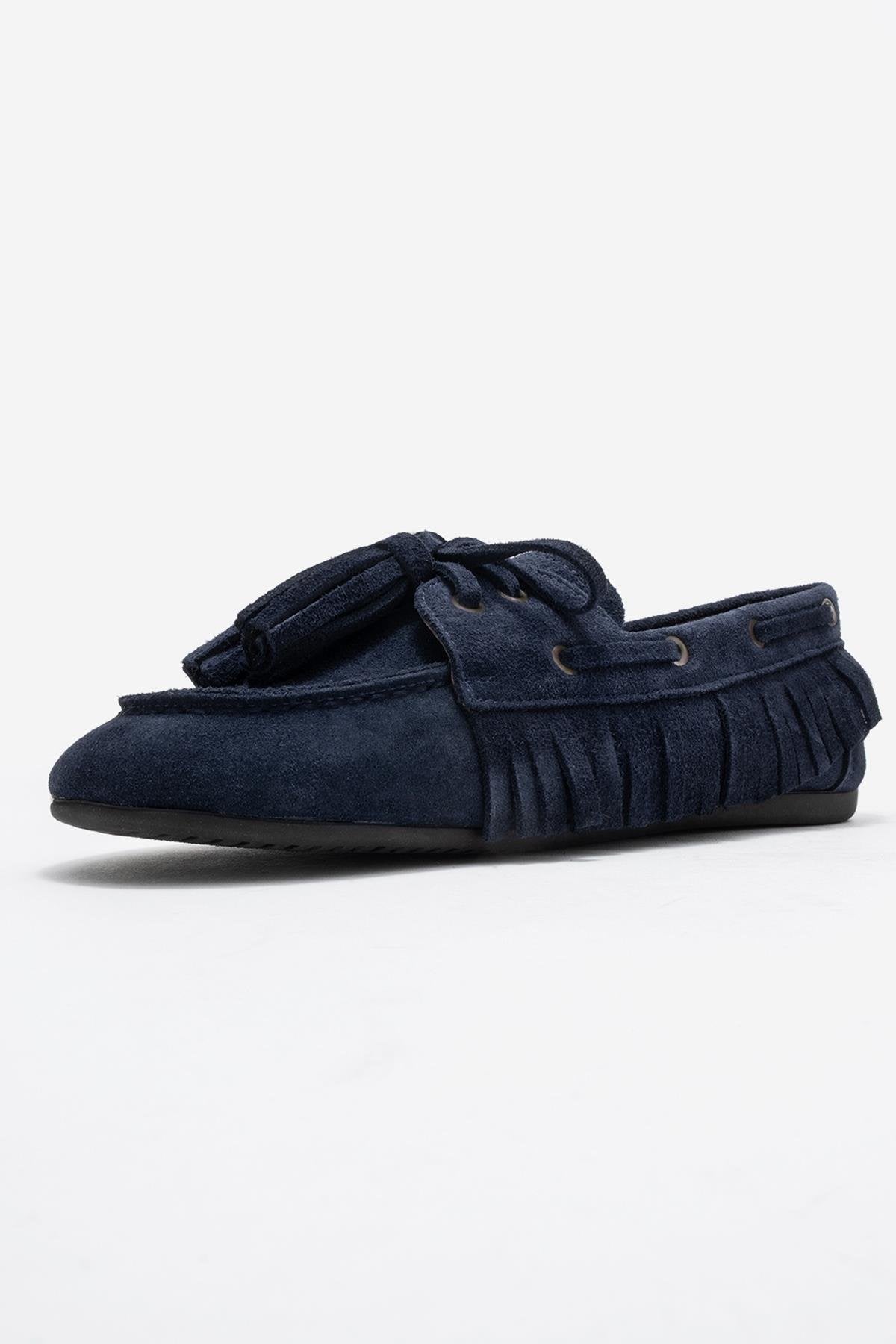 Fenora - Navy Genuine Leather Fringed Tassel Loafer – heel view showing leather, Vowalisse