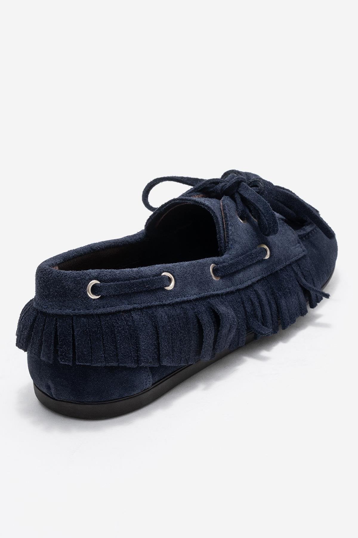 Fenora - Navy Genuine Leather Fringed Tassel Loafer – back view showing leather, Vowalisse