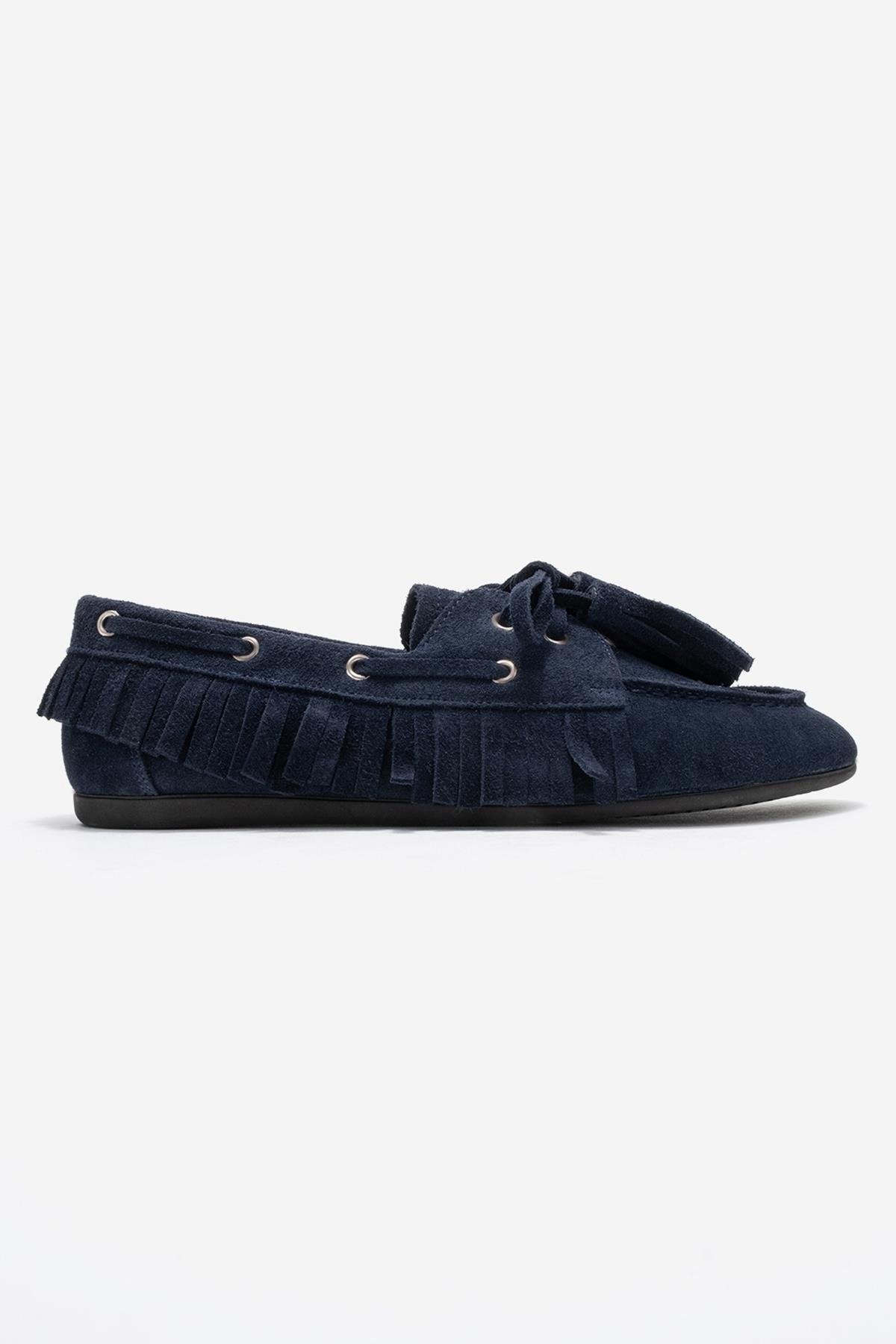 Fenora - Navy Genuine Leather Fringed Tassel Loafer – top view showing leather, Vowalisse