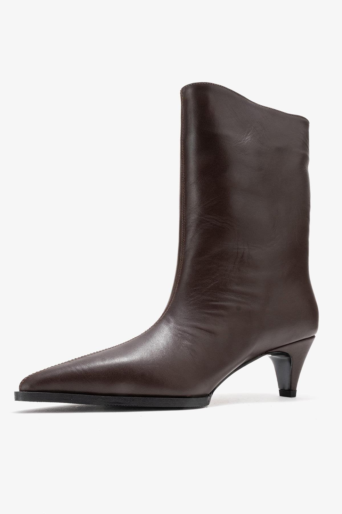 Aleo - Brown Genuine Leather Pointed Toe Low Heel Boot – heel view showing leather, Vowalisse