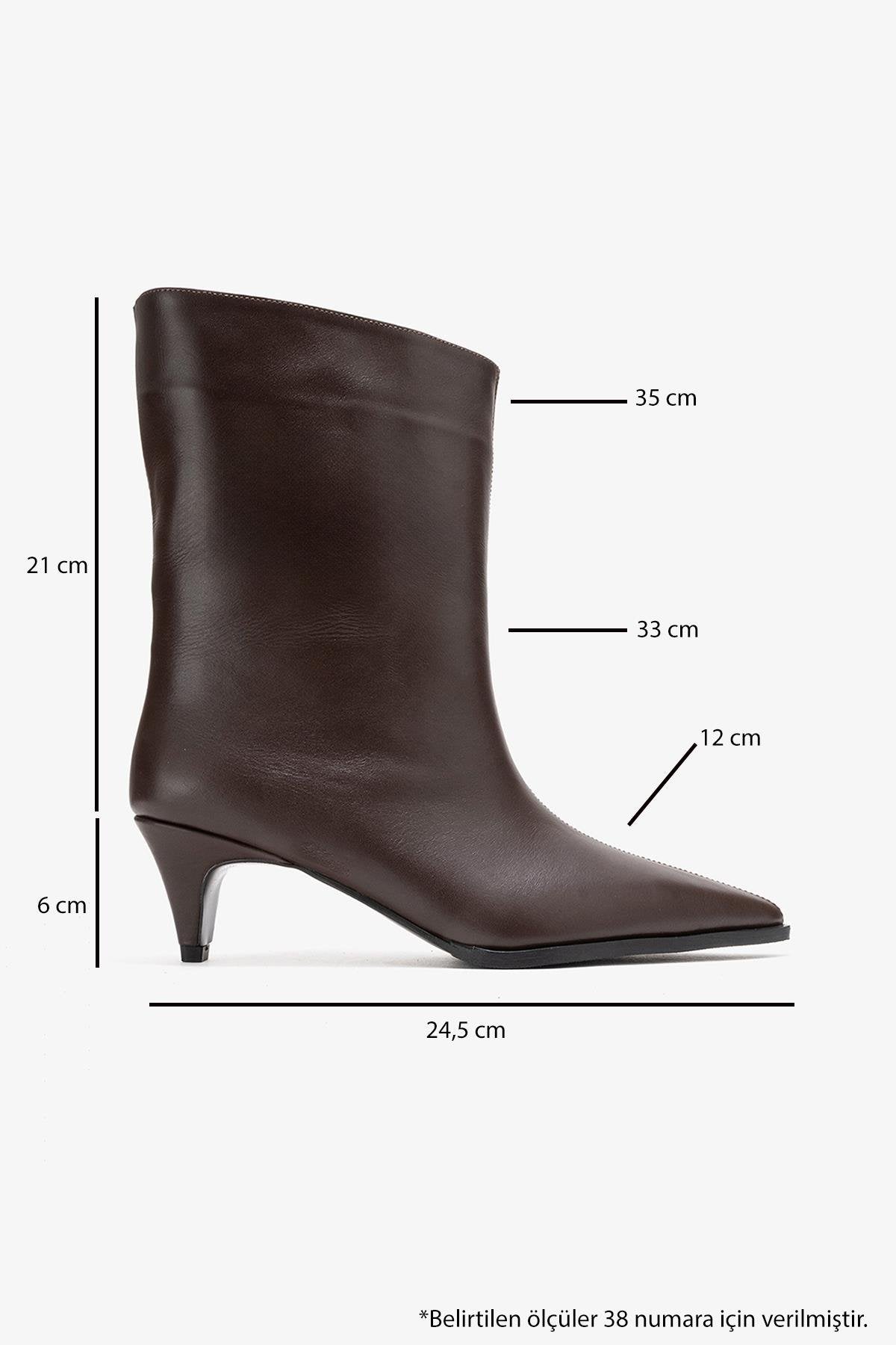 Aleo - Brown Genuine Leather Pointed Toe Low Heel Boot – top view showing leather, Vowalisse