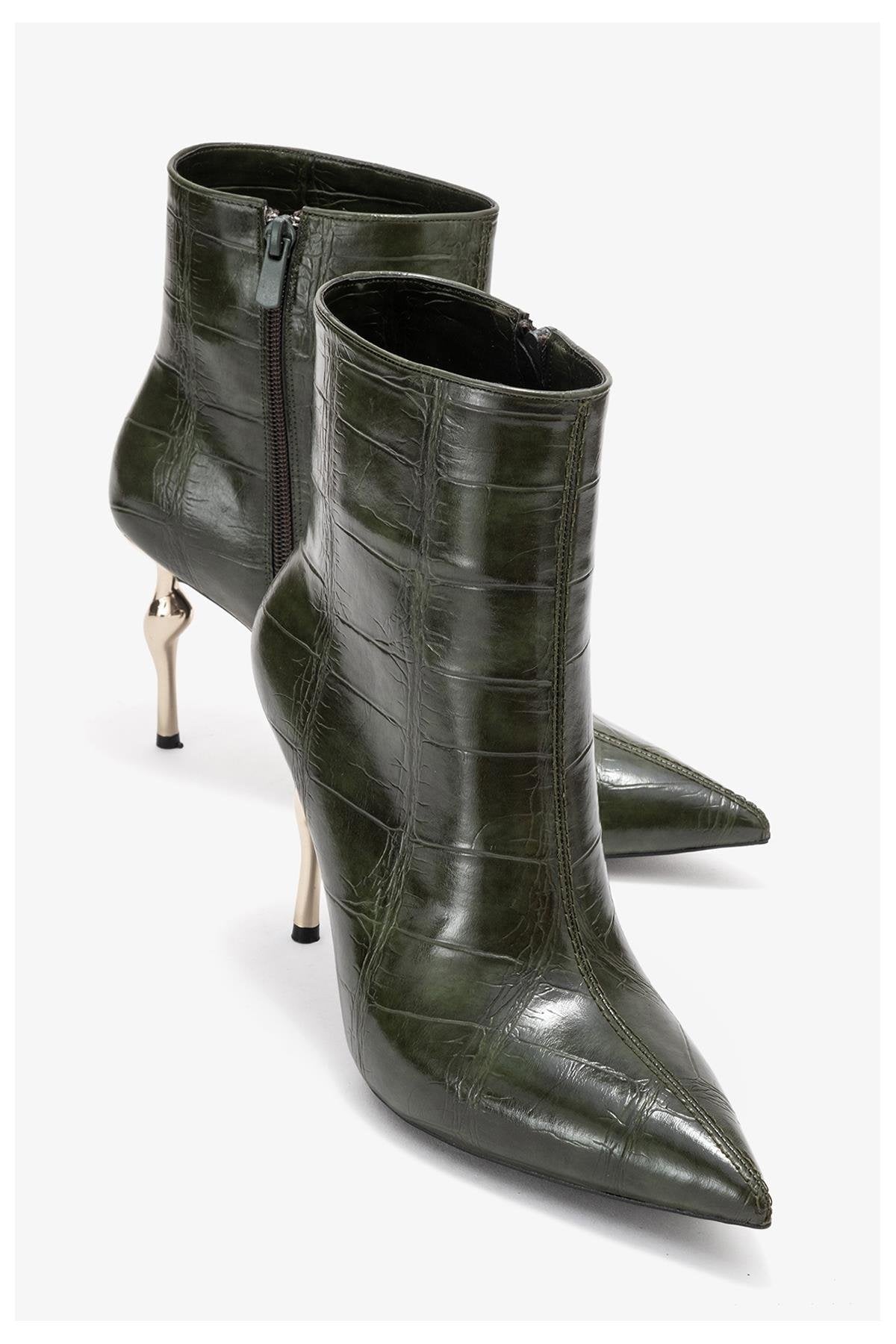Crista - Green Croc-Embossed Pointed Toe Heeled Boot – front three-quarter view showing leather, metallic, green, Vowalisse