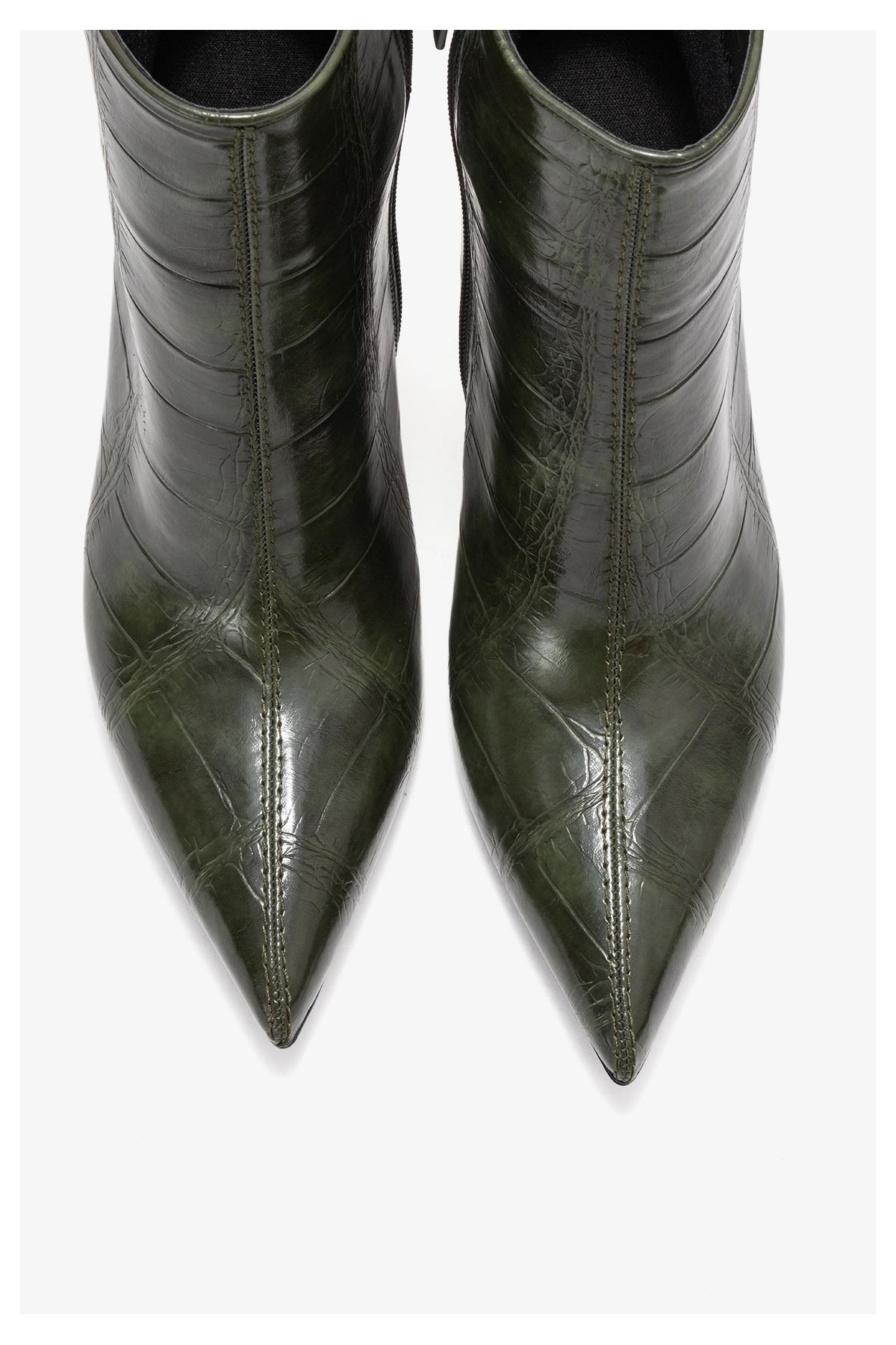 Crista - Green Croc-Embossed Pointed Toe Heeled Boot – side view showing leather, metallic, green, Vowalisse