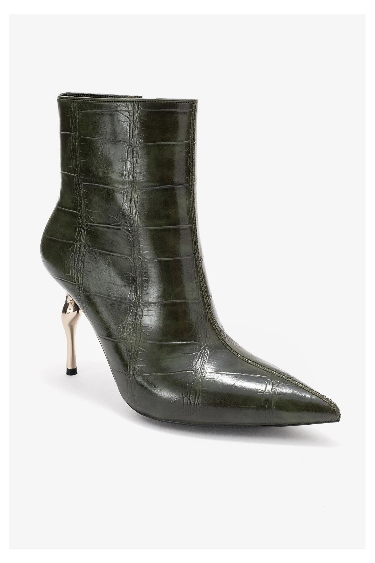 Crista - Green Croc-Embossed Pointed Toe Heeled Boot – detail view showing leather, metallic, green, Vowalisse
