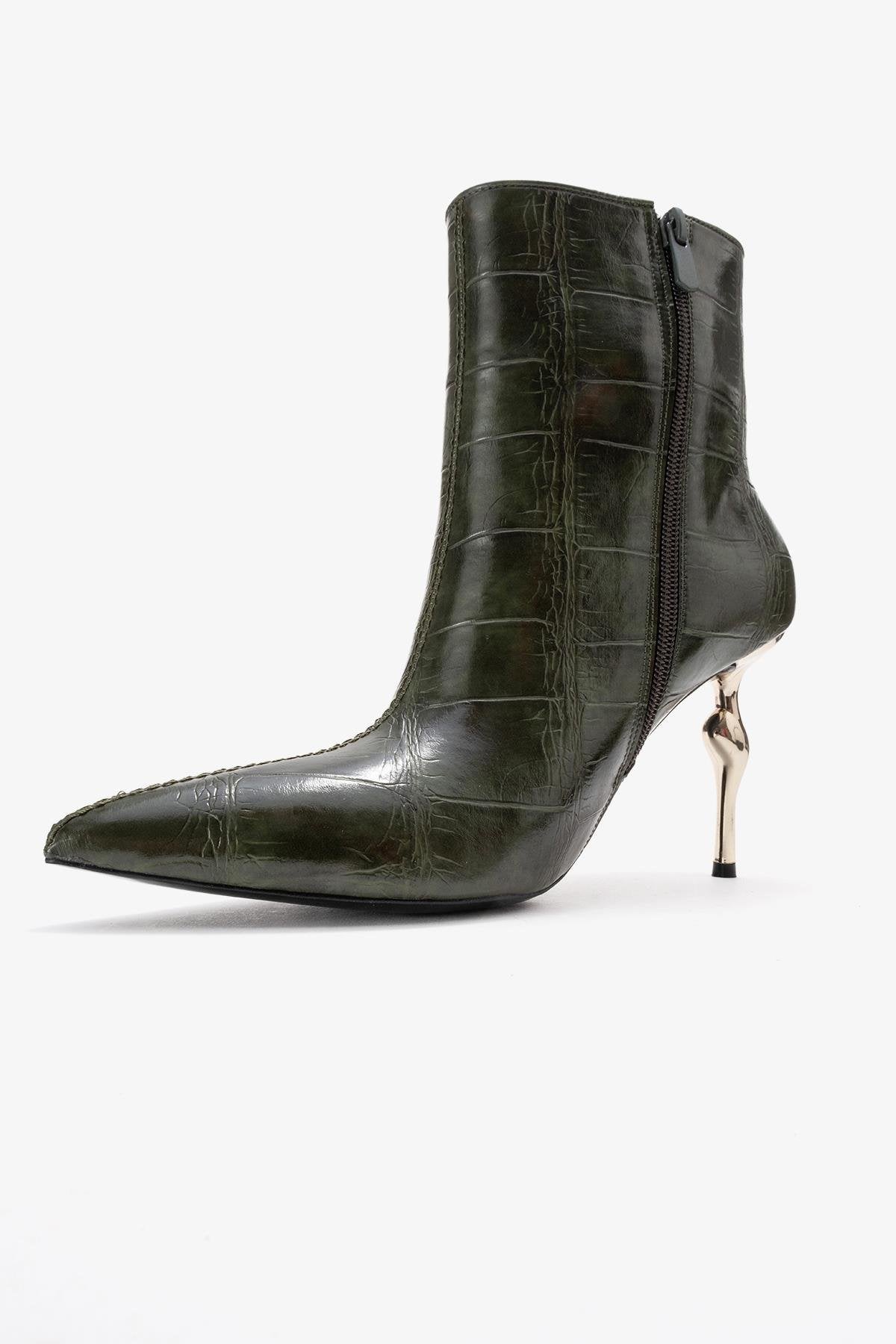 Crista - Green Croc-Embossed Pointed Toe Heeled Boot – heel view showing leather, metallic, green, Vowalisse