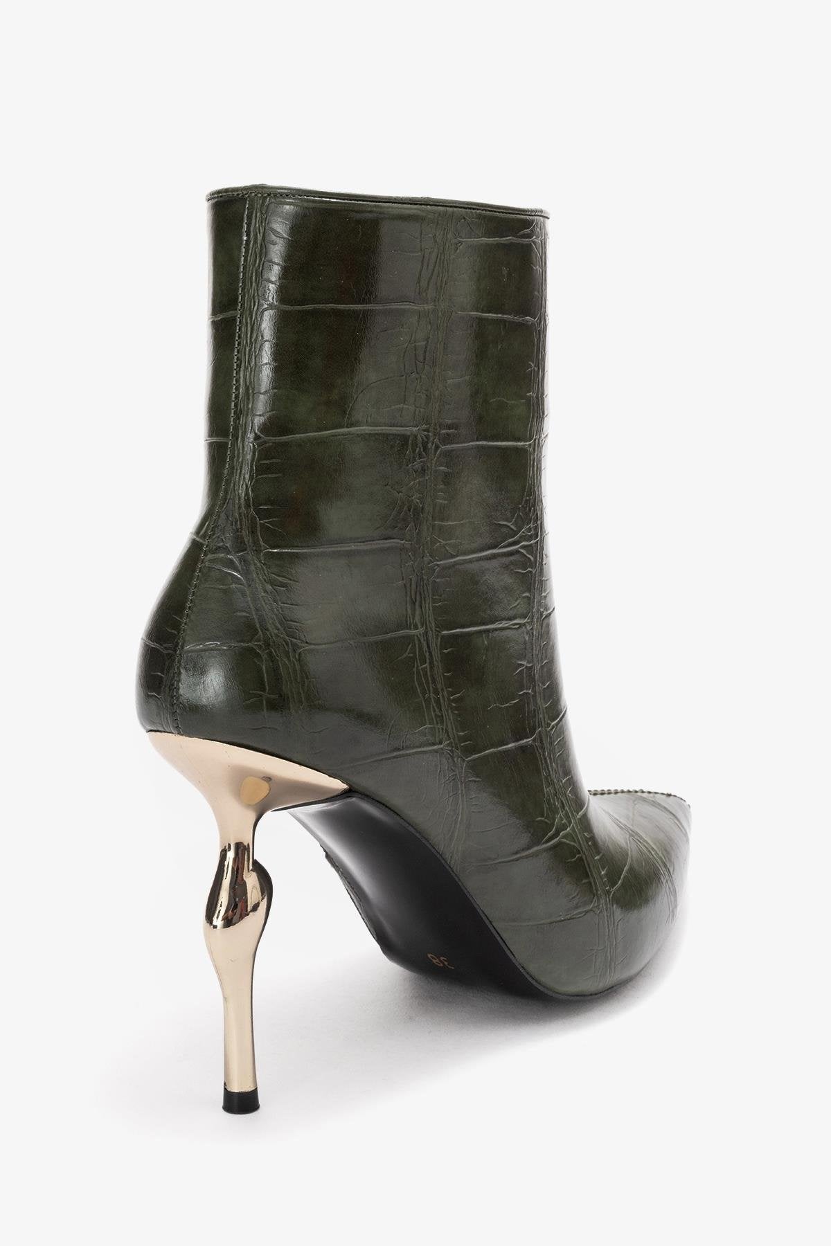 Crista - Green Croc-Embossed Pointed Toe Heeled Boot – back view showing leather, metallic, green, Vowalisse