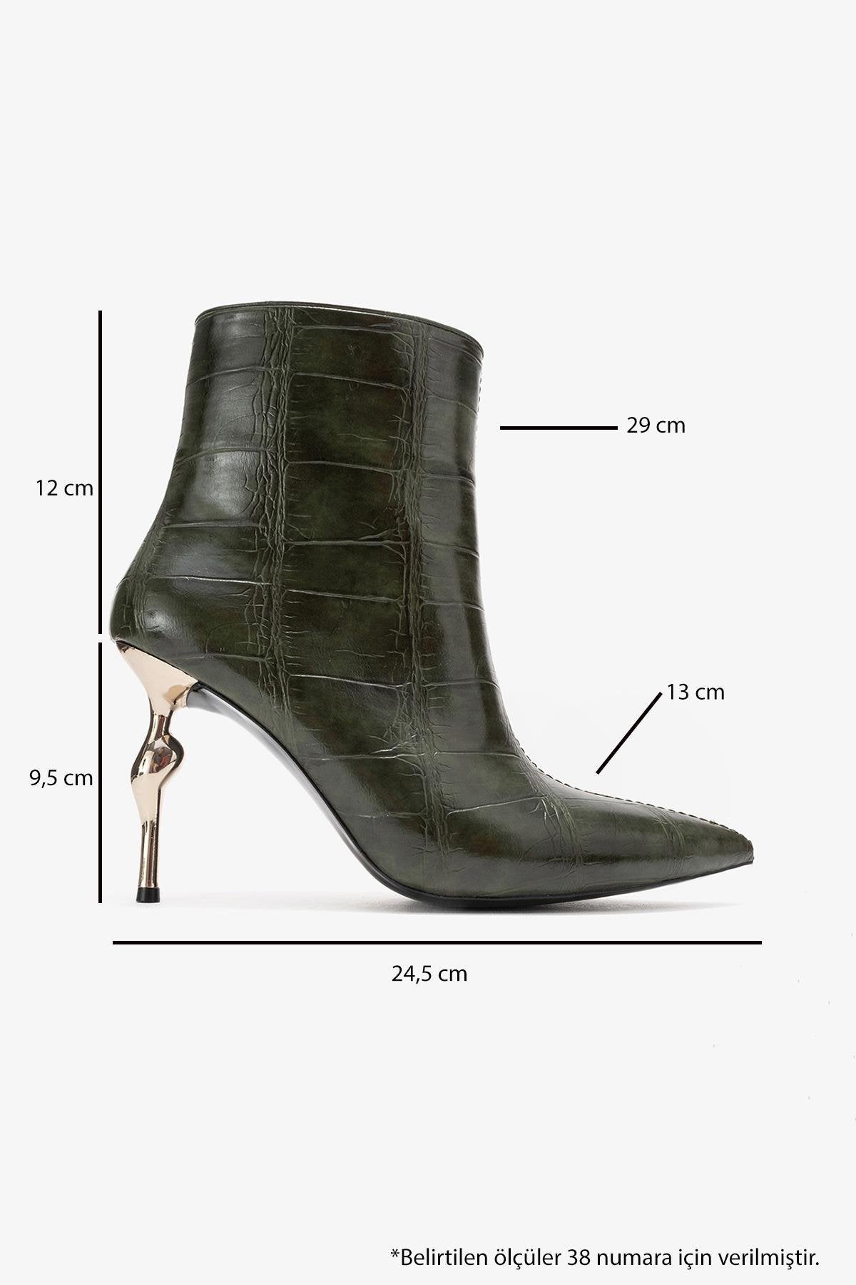 Crista - Green Croc-Embossed Pointed Toe Heeled Boot – top view showing leather, metallic, green, Vowalisse