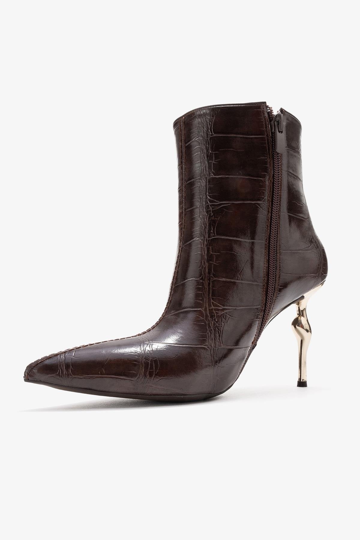 Crista - Brown Stiletto Heel Pointed Toe Boot – heel view showing leather, Vowalisse