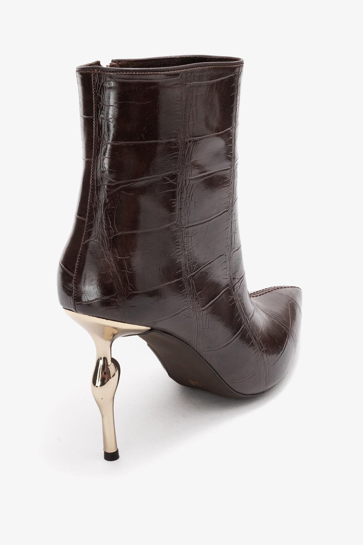 Crista - Brown Stiletto Heel Pointed Toe Boot – back view showing leather, Vowalisse