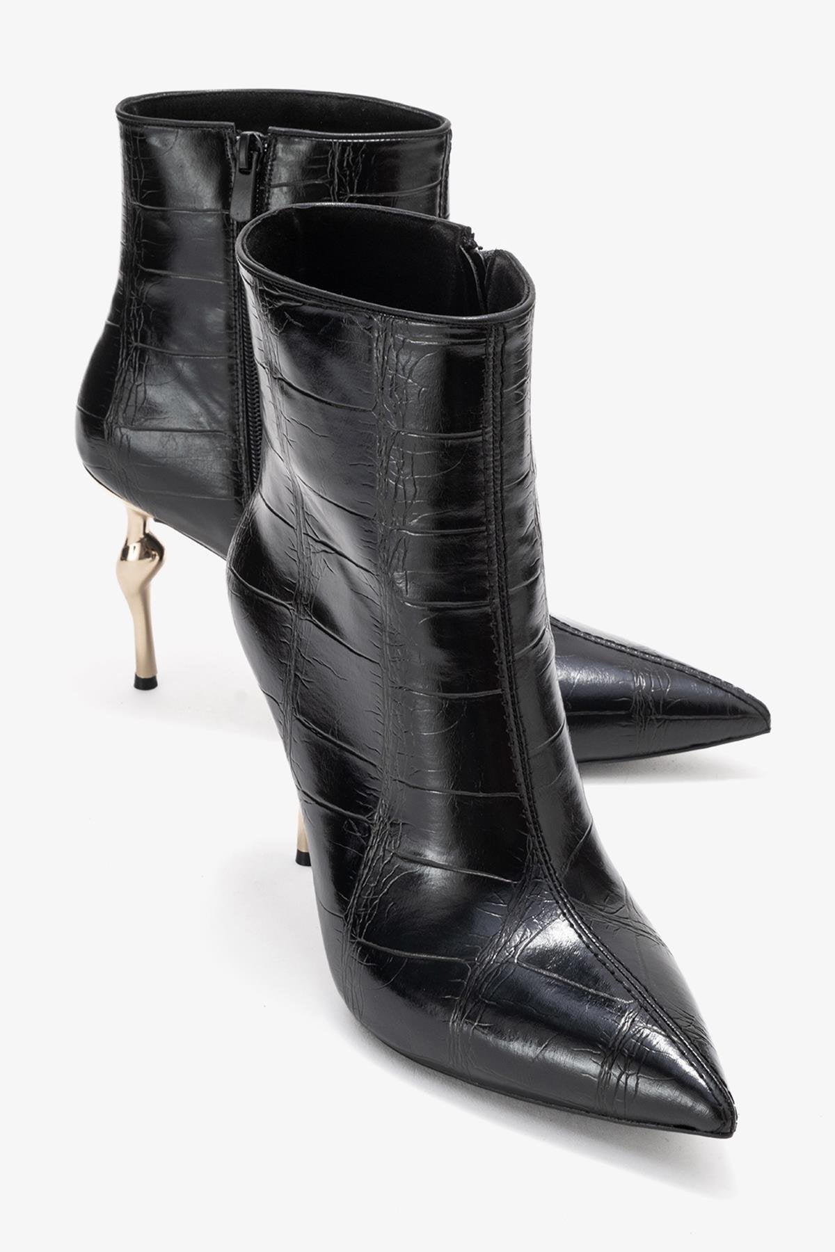 Crista - Black Stiletto Heel Pointed Toe Boot – front three-quarter view showing leather, black, Vowalisse