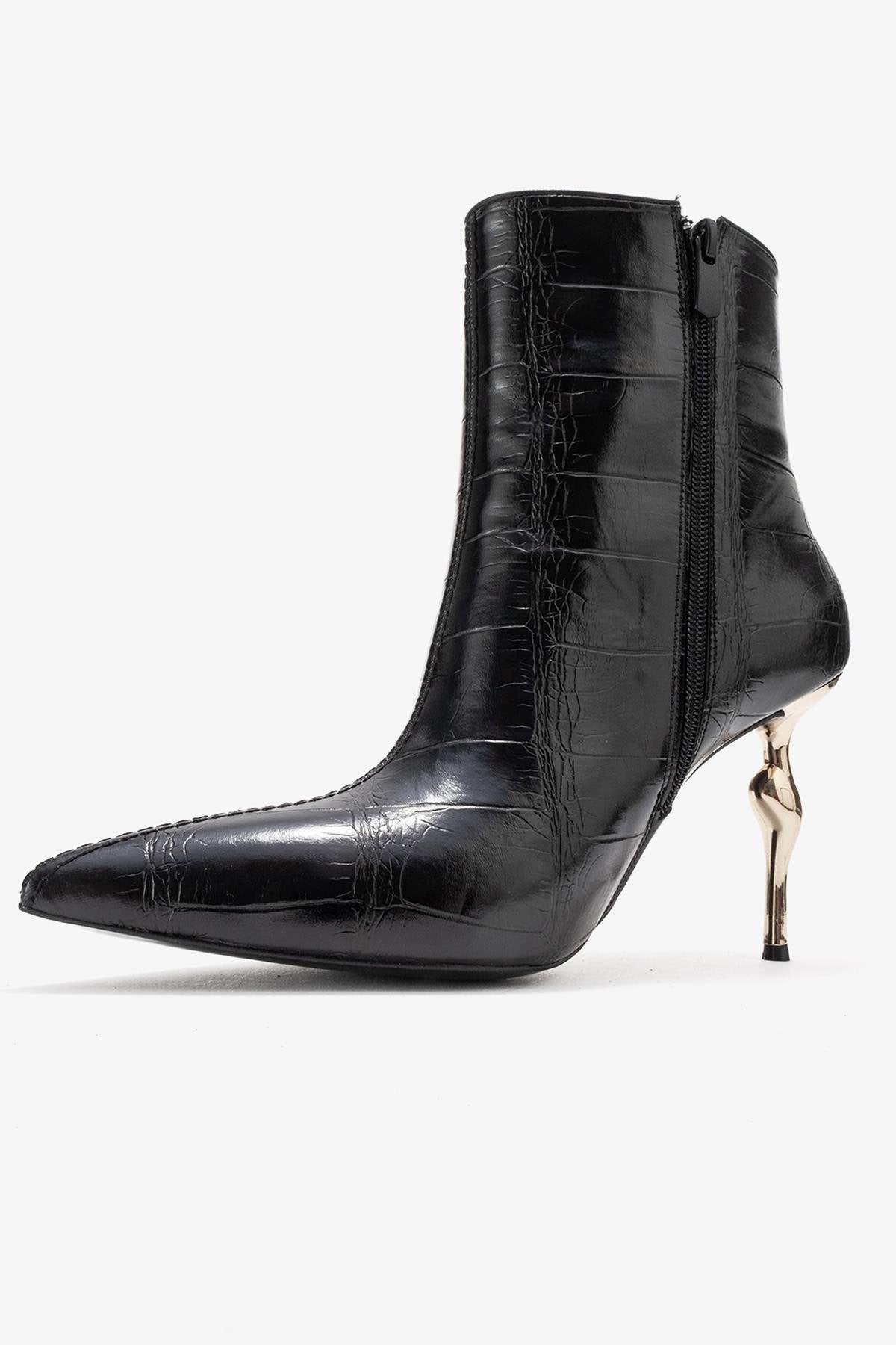 Crista - Black Stiletto Heel Pointed Toe Boot – heel view showing leather, black, Vowalisse