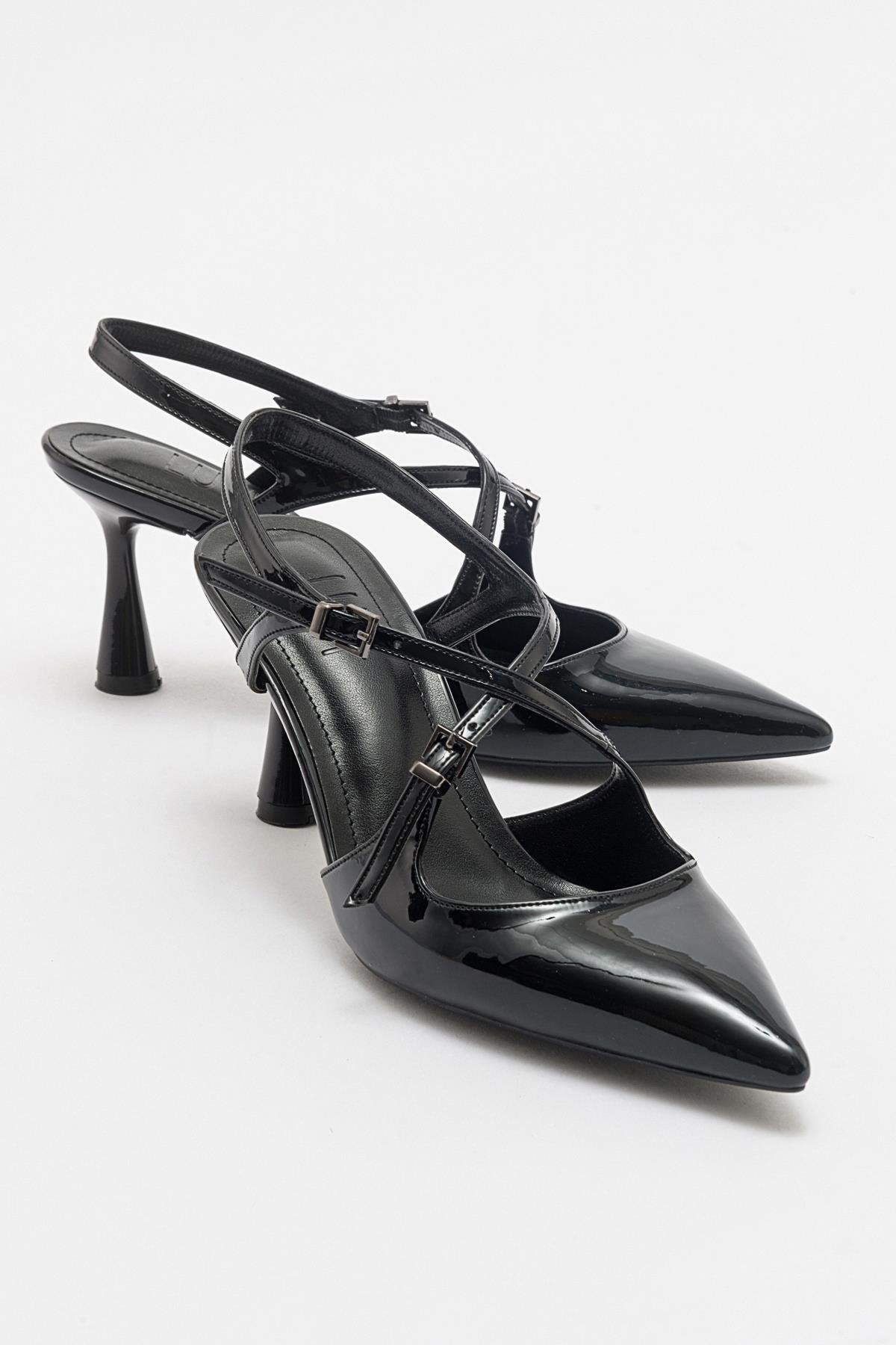 Coje - Black Patent Pointed Toe Stiletto Shoe – front three-quarter view showing leather, black, Vowalisse