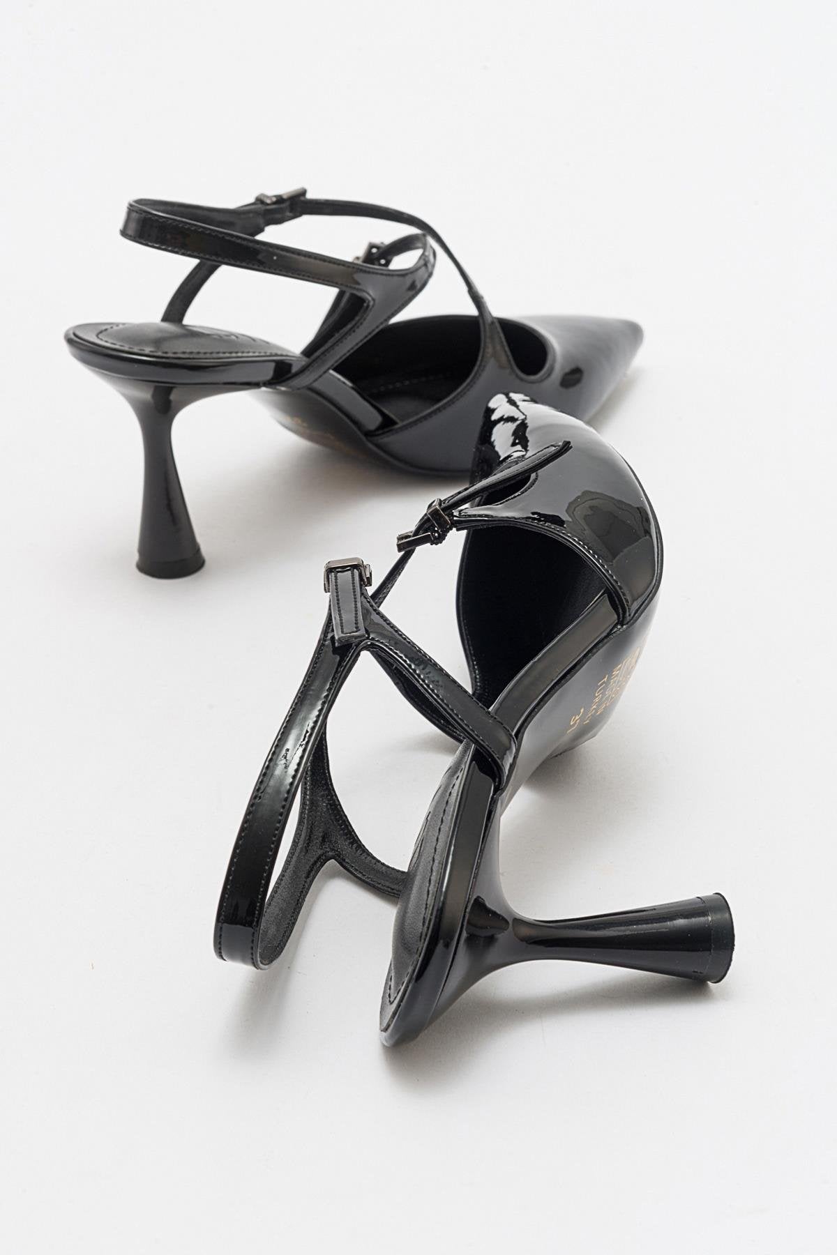 Coje - Black Patent Pointed Toe Stiletto Shoe – side view showing leather, black, Vowalisse