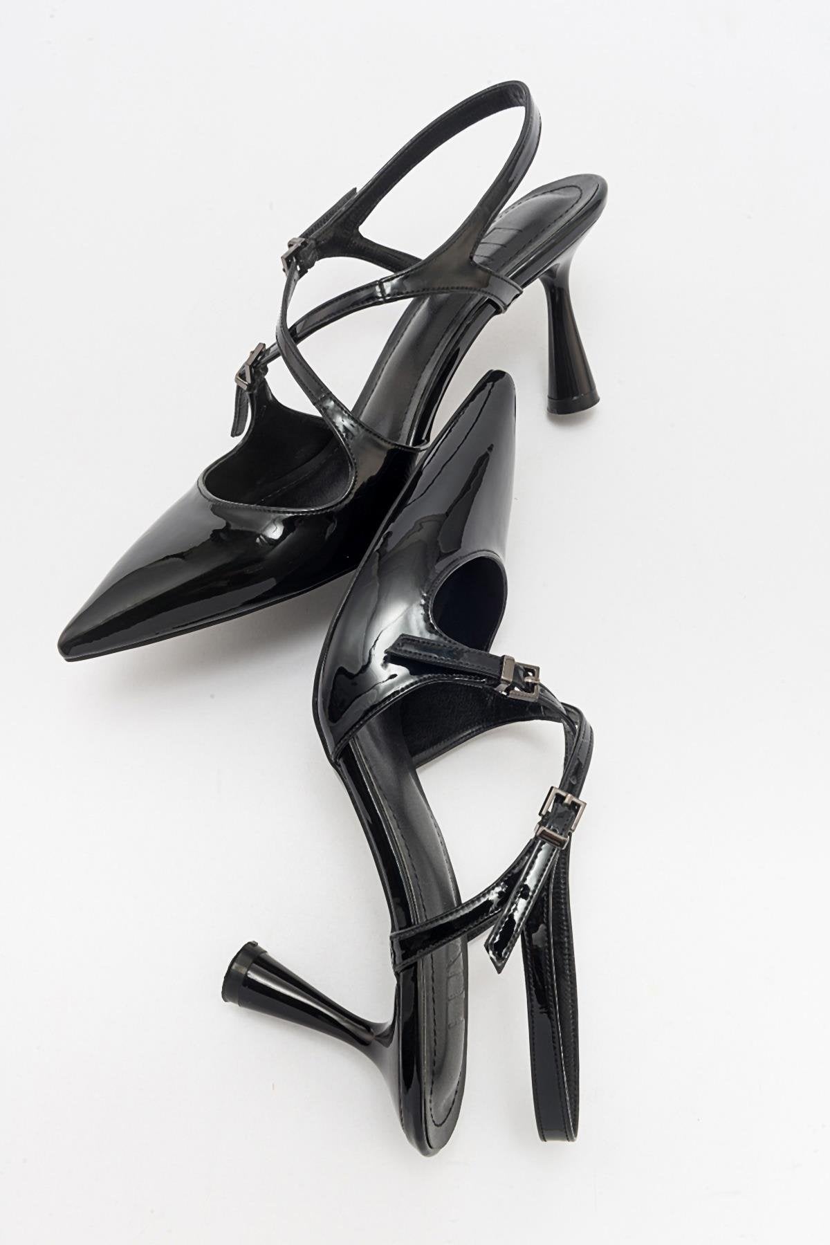 Coje - Black Patent Pointed Toe Stiletto Shoe – back view showing leather, black, Vowalisse