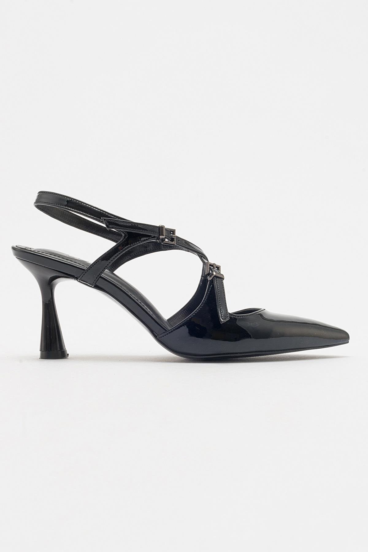Coje - Black Patent Pointed Toe Stiletto Shoe – top view showing leather, black, Vowalisse