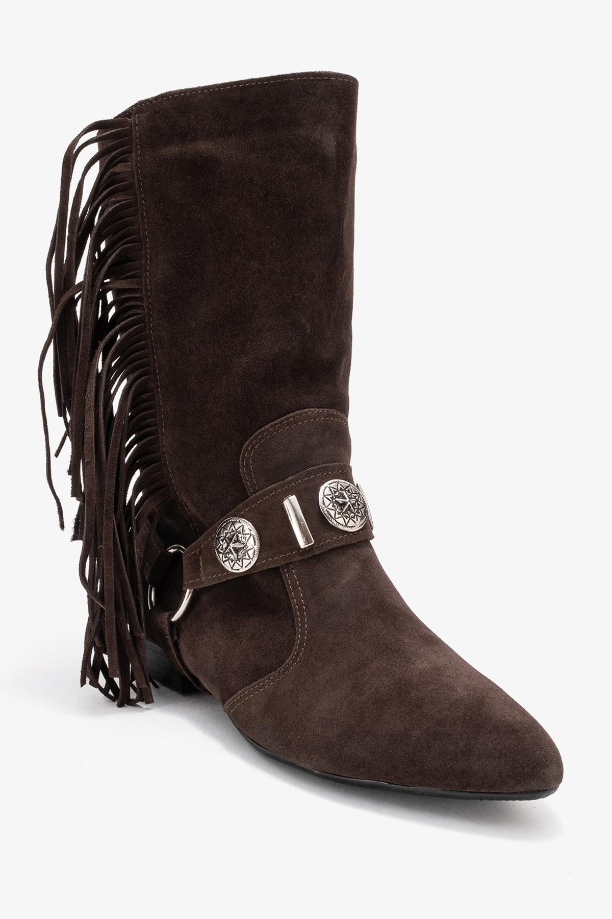 Selora - Brown Genuine Leather Buckle Western Boot – detail view showing leather, suede, Vowalisse