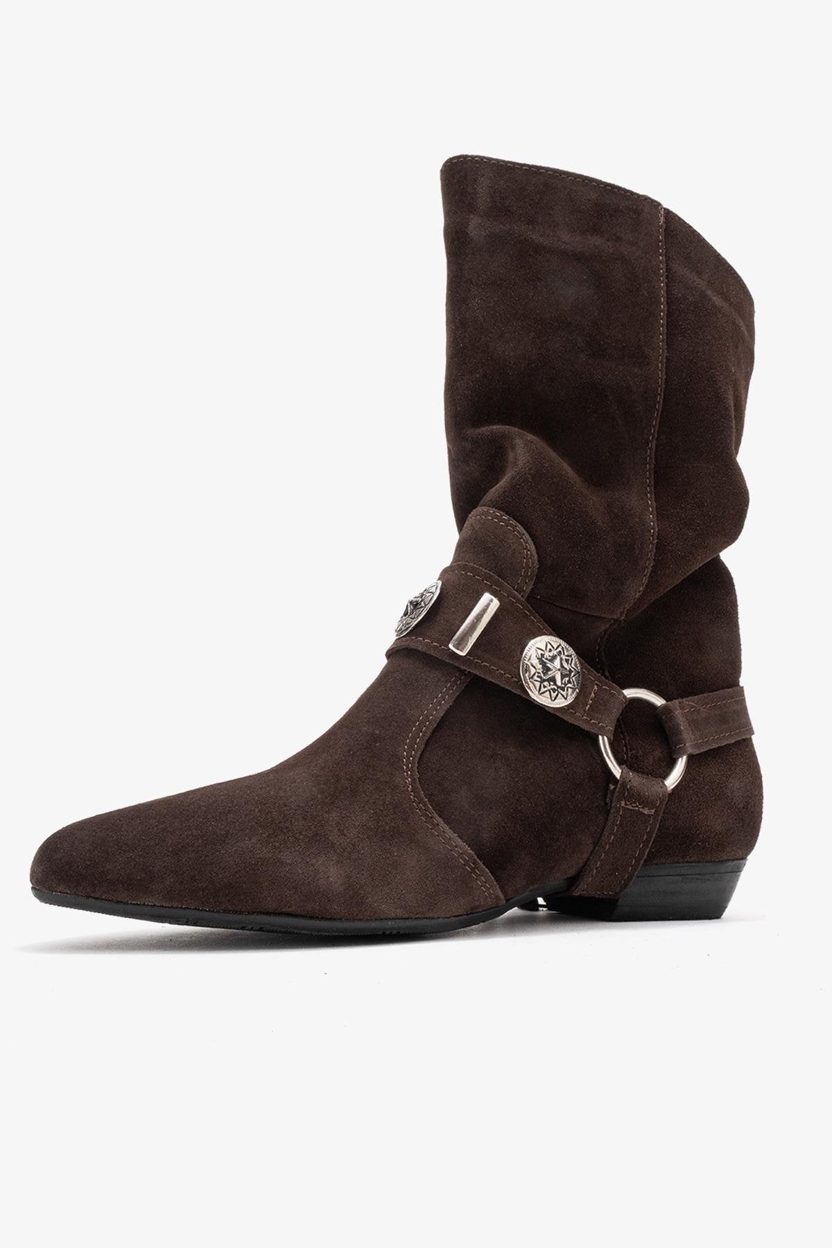 Selora - Brown Genuine Leather Buckle Western Boot – heel view showing leather, suede, Vowalisse