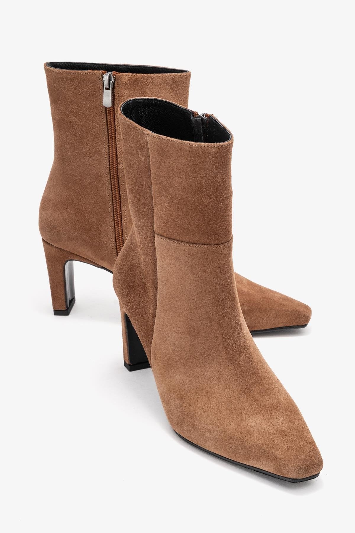 Kyoto - Taupe Genuine Leather Block Heel Boot – front three-quarter view showing leather, suede, red, Vowalisse