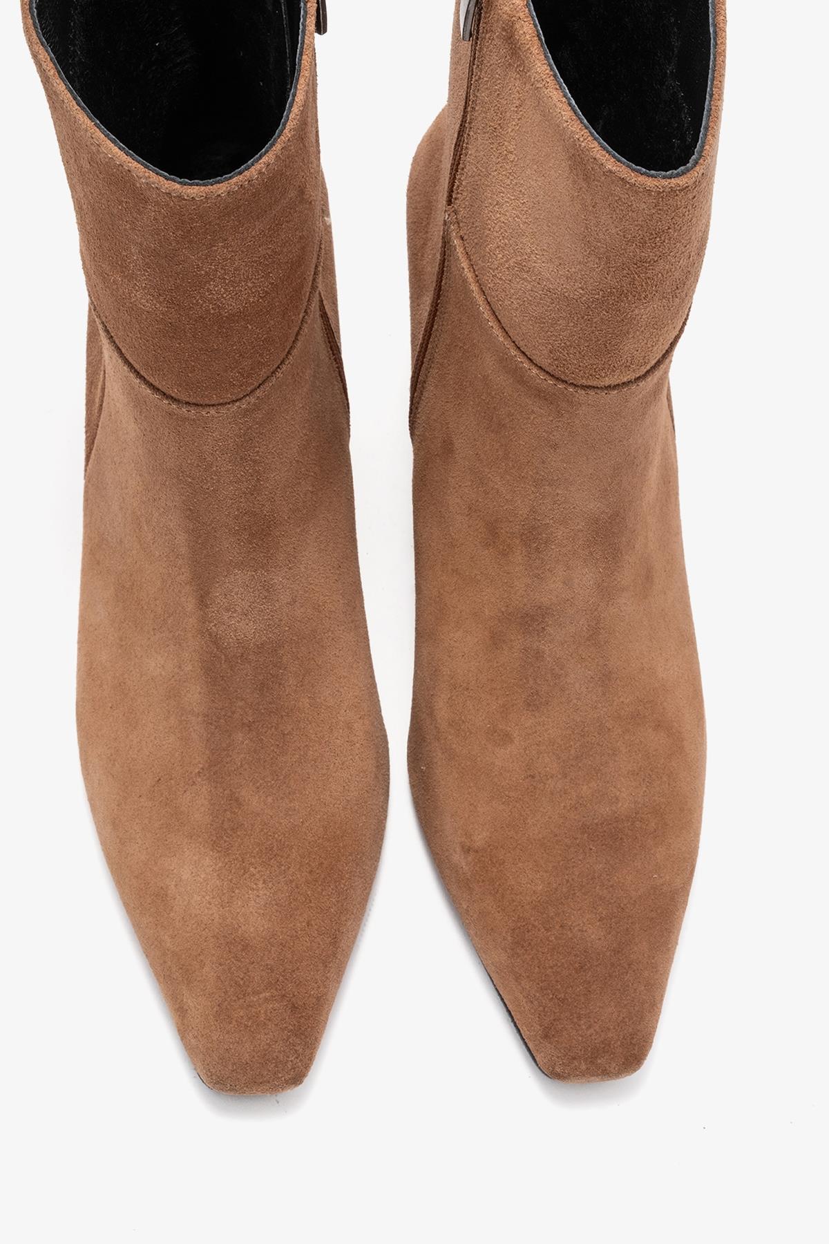 Kyoto - Taupe Genuine Leather Block Heel Boot – side view showing leather, suede, red, Vowalisse