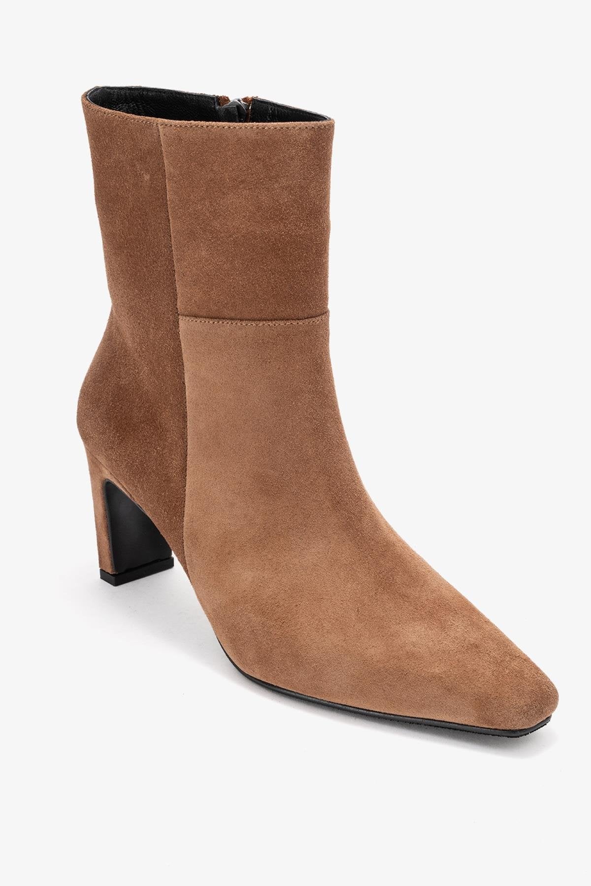Kyoto - Taupe Genuine Leather Block Heel Boot – detail view showing leather, suede, red, Vowalisse