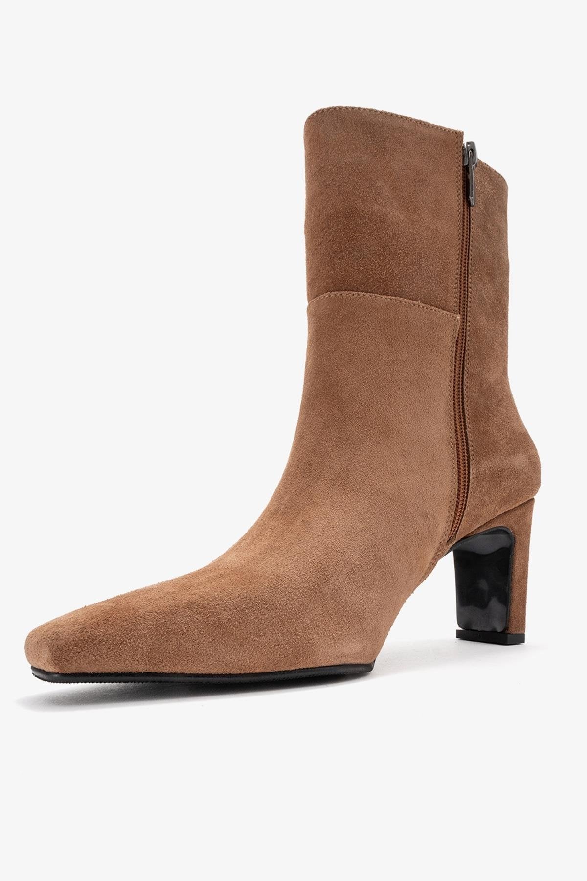Kyoto - Taupe Genuine Leather Block Heel Boot – heel view showing leather, suede, red, Vowalisse